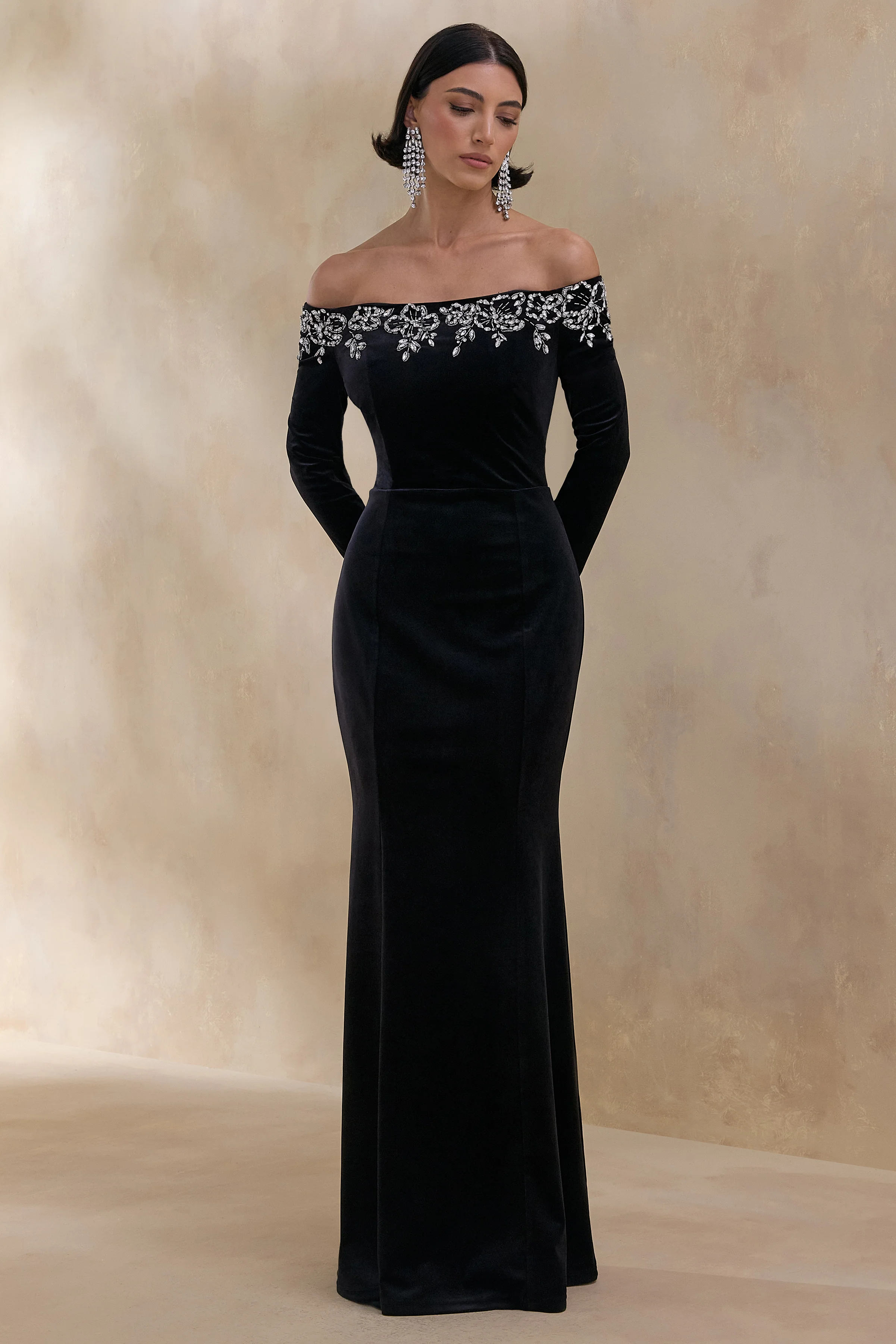 Fern | Black Velvet Embellished Bardot-Neck Maxi Dress - Image 4