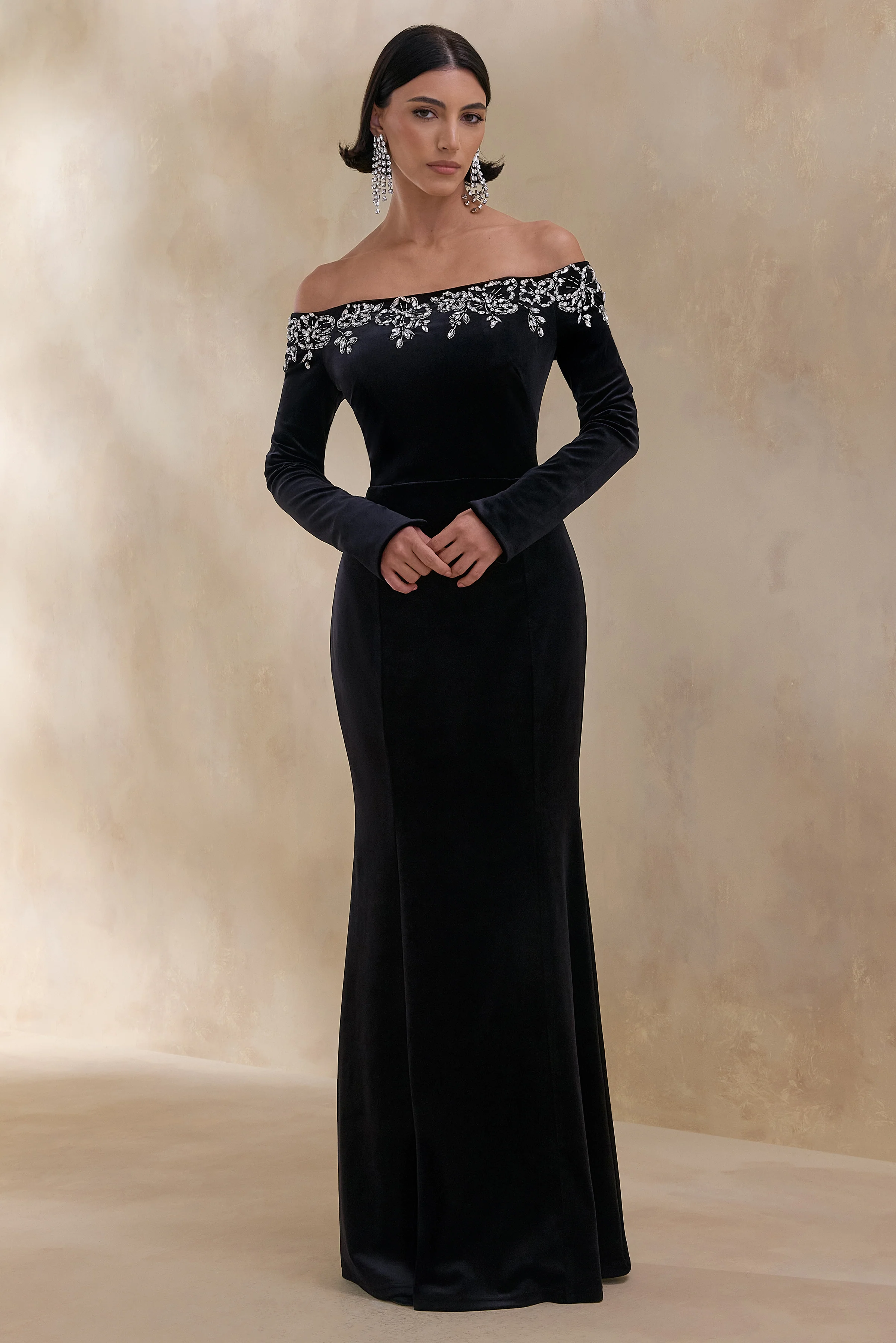 Fern | Black Velvet Embellished Bardot-Neck Maxi Dress - Image 5
