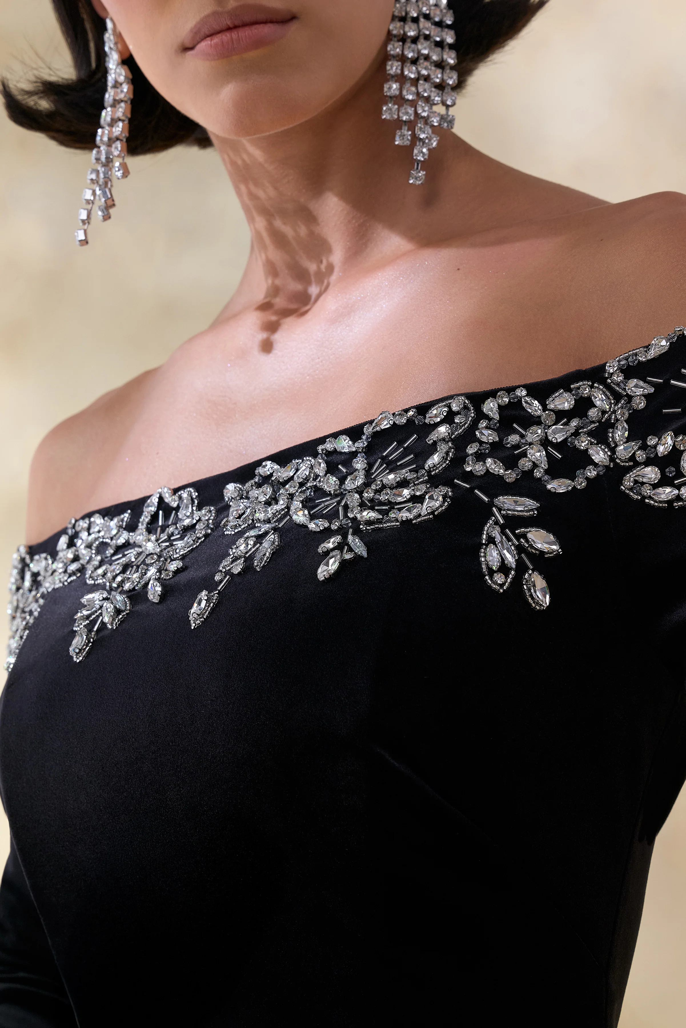 Fern | Black Velvet Embellished Bardot-Neck Maxi Dress - Image 6