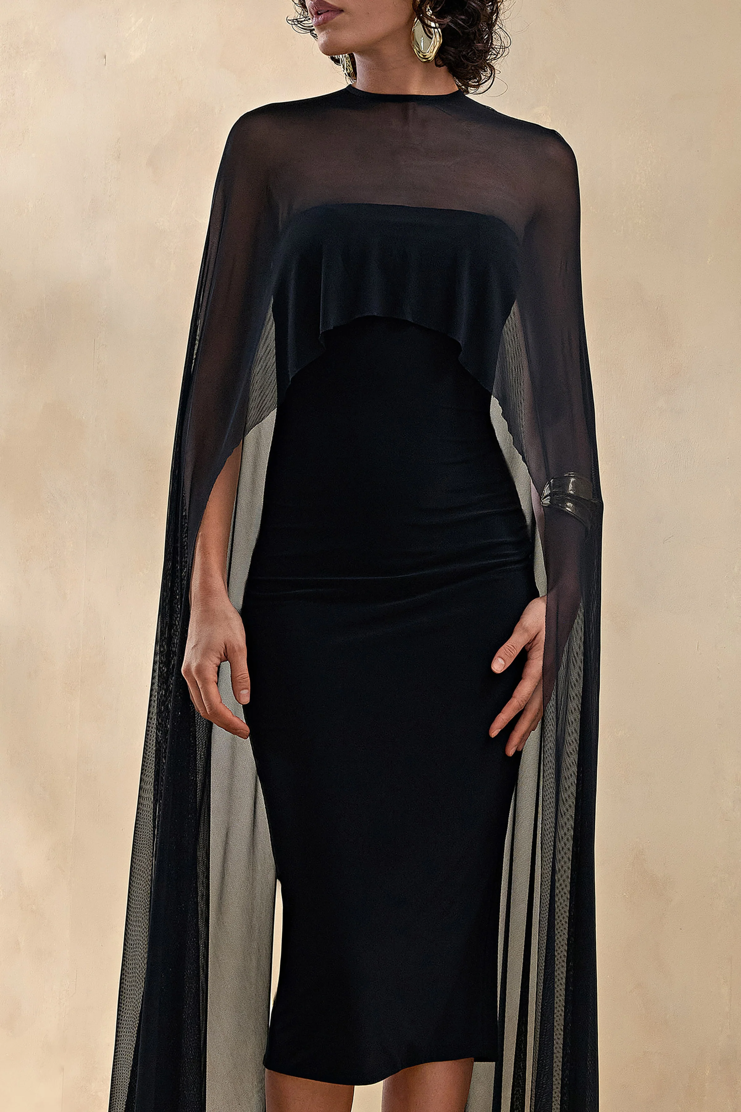 Filippa | Black Crew-Neck Midi Dress With Sheer Cape-Sleeves - Image 3