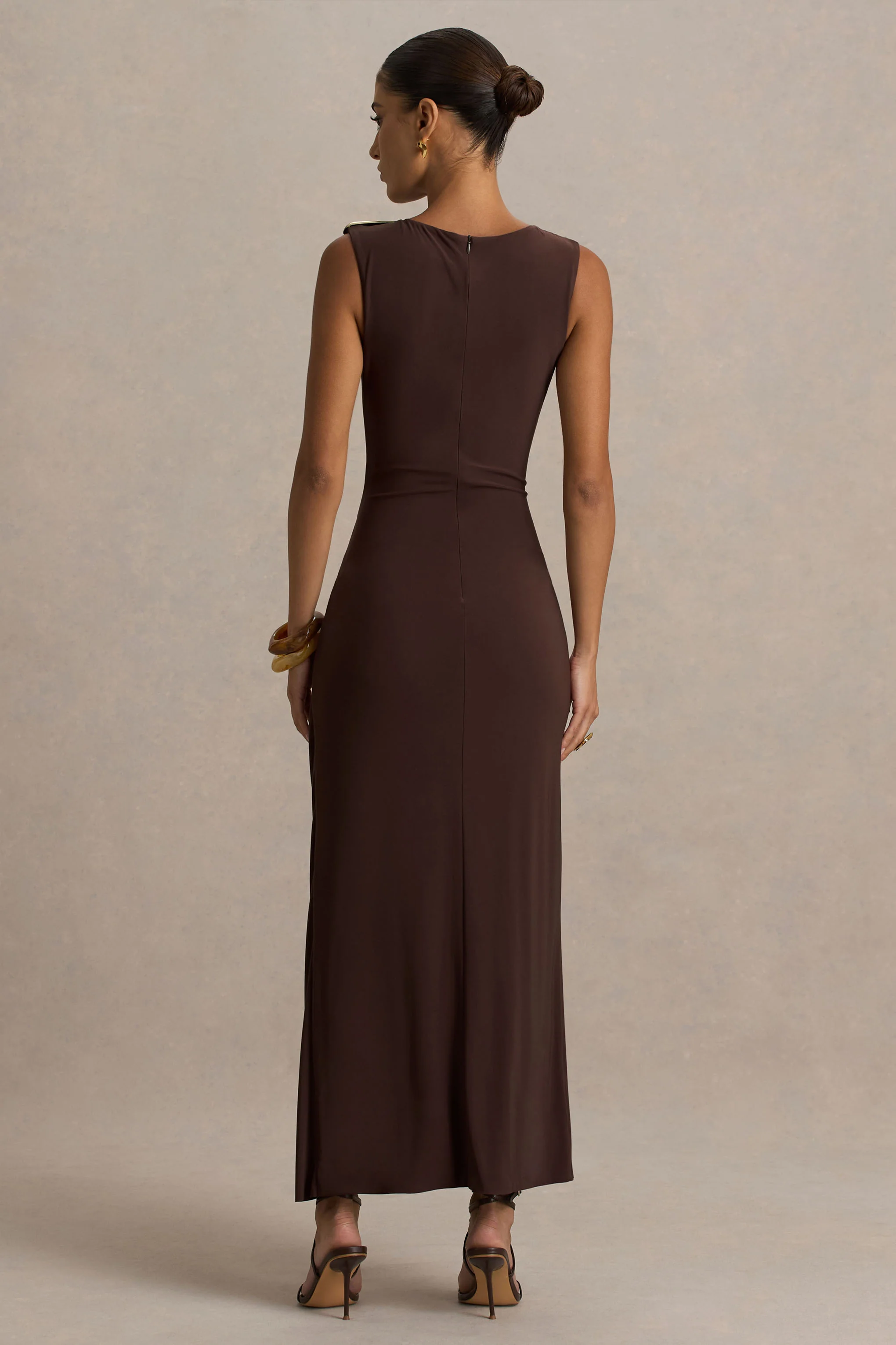 Fiora | Brown Wide-Neck Maxi Dress With Gathered Detail - Image 2