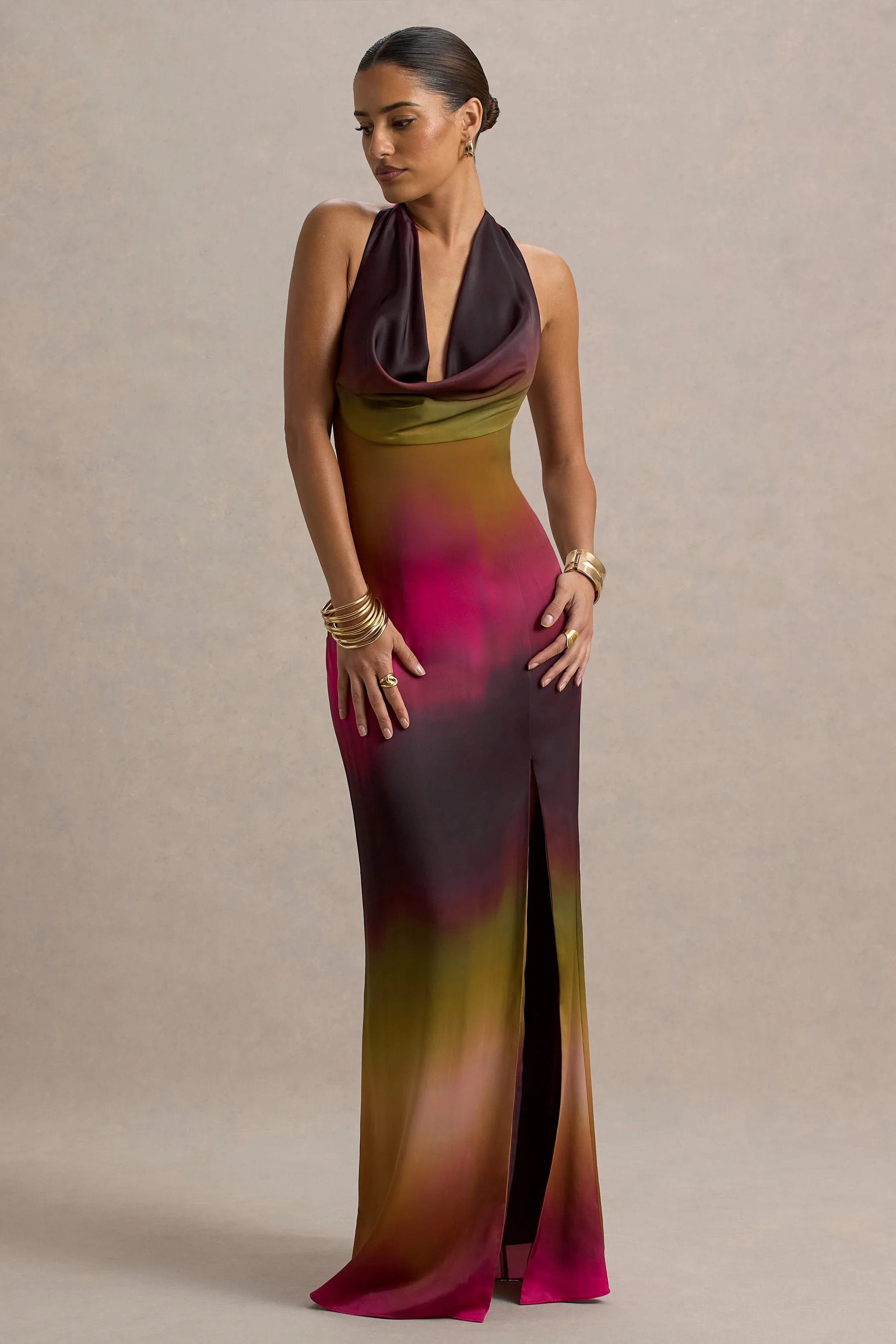 Fiorella | Ombre Print Cowl-Neck Split Maxi Dress - Image 3