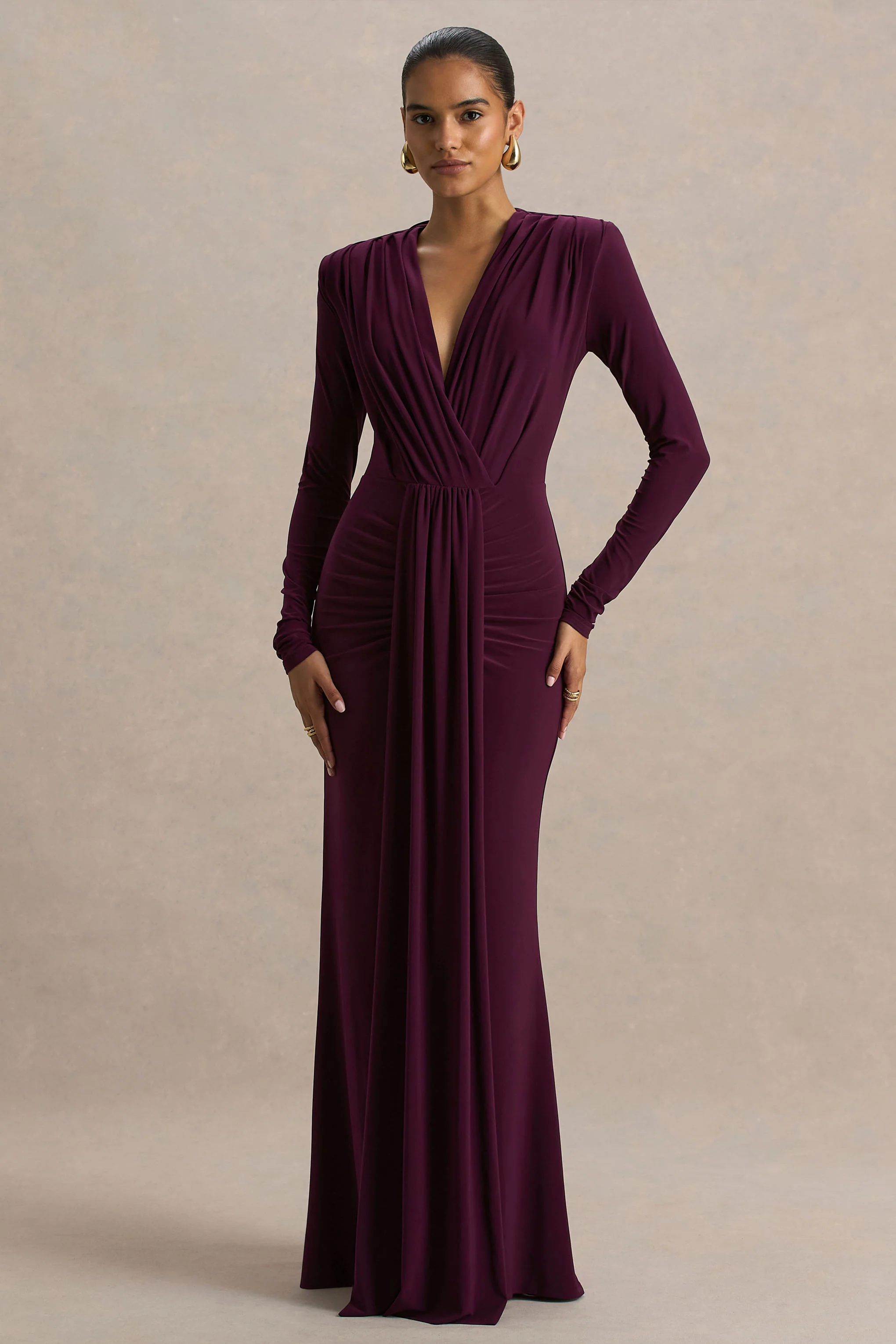 Flashy | Burgundy Plunge-Neck Maxi Dress With Ruched Detailing - Image 5