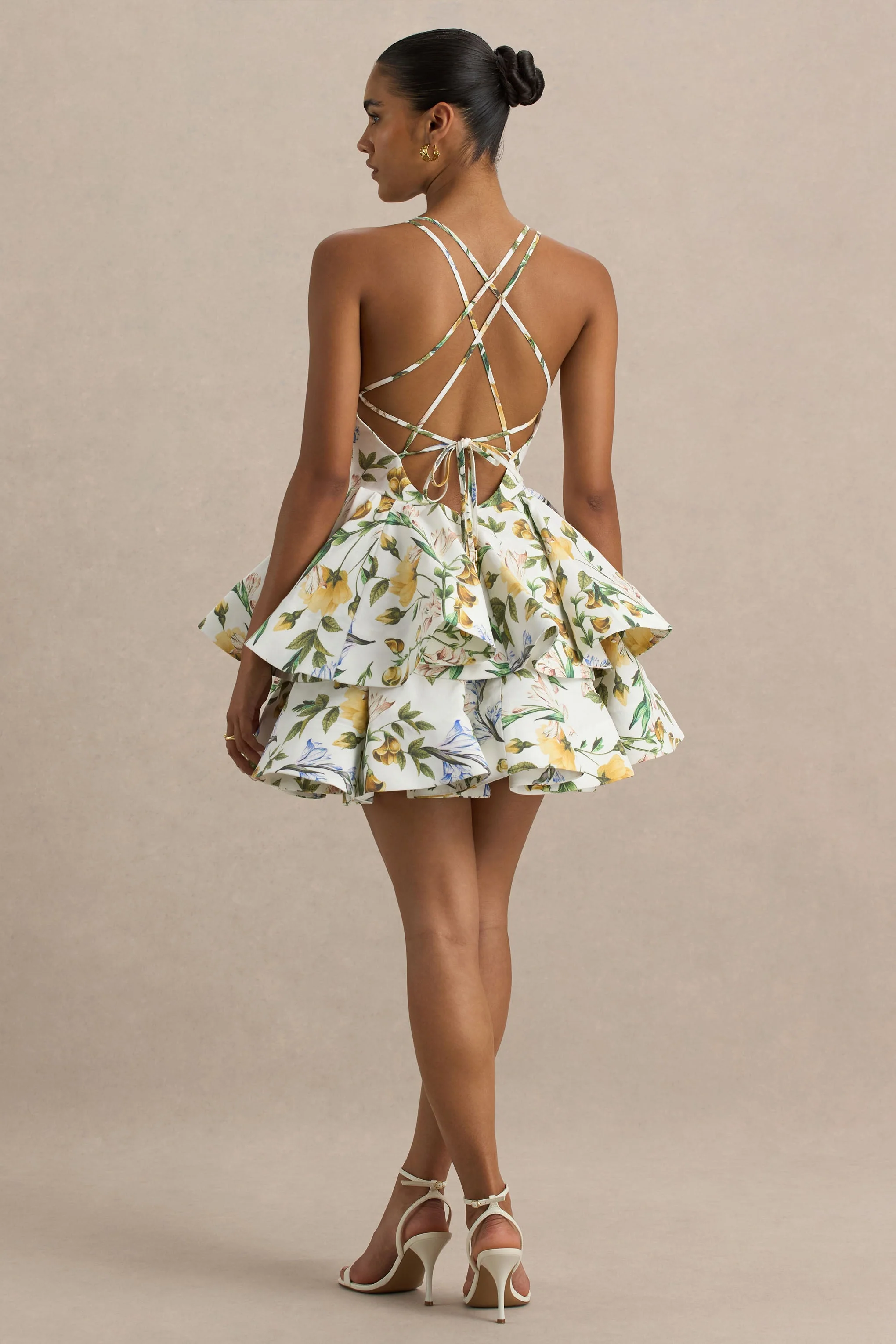 Flavia | Lemon Floral Print Plunge-Neck Ruffled Skater Micro-Mini Dress - Image 2