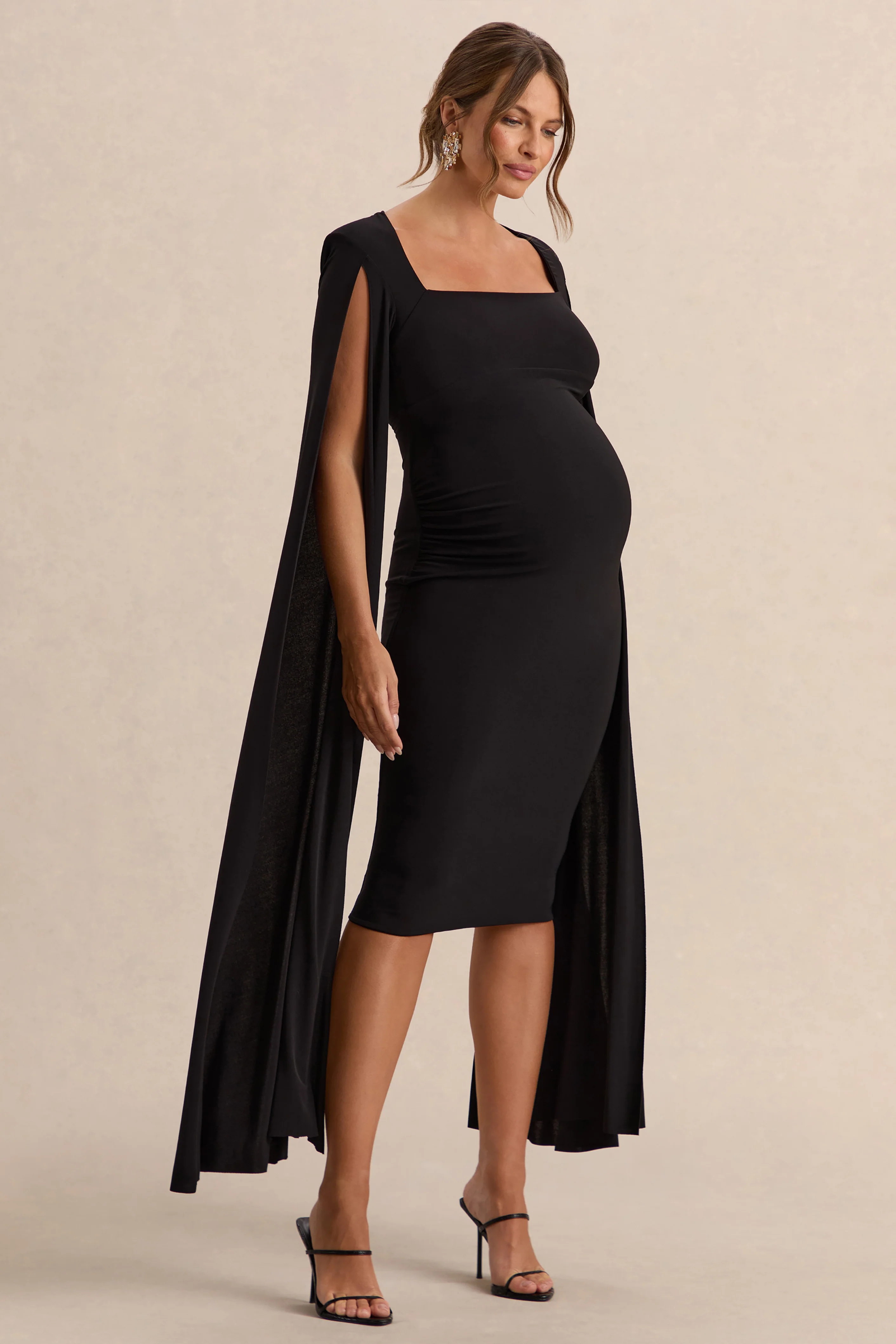 Flawless | Black Square-Neck Maternity Midi Dress With Cape-Sleeves - Image 5