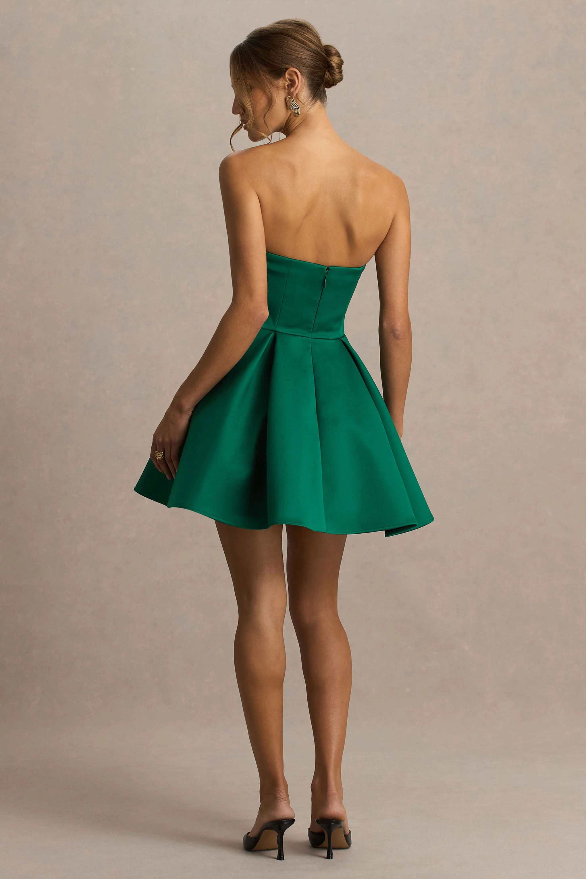 Fleur | Dark Green Satin Bandeau Mini Dress - Image 2