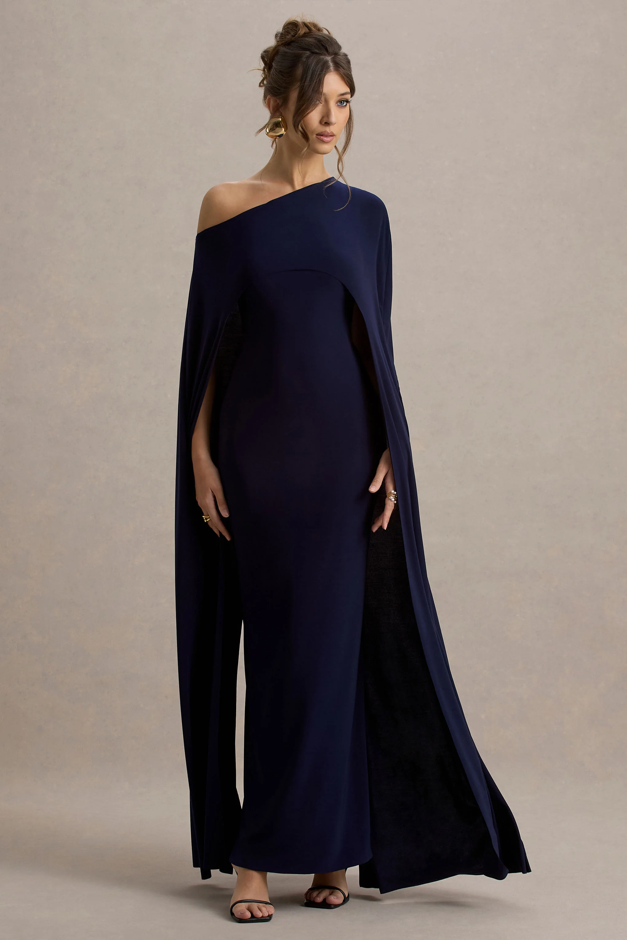 Florentina | Navy One-Shoulder Cape Maxi Dress - Image 4