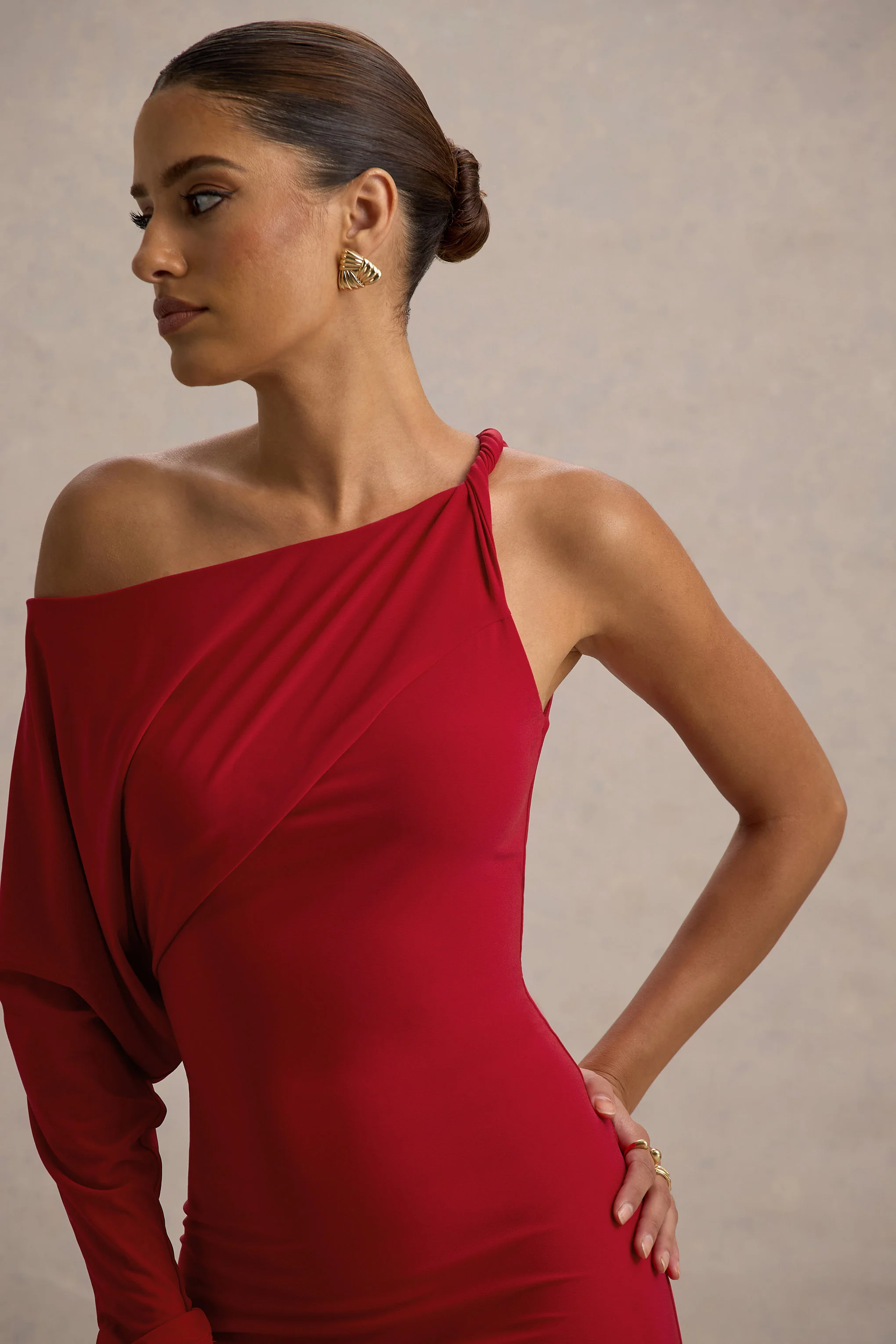 Floria | Red Draped One-Sleeve Maxi Dress - Image 6