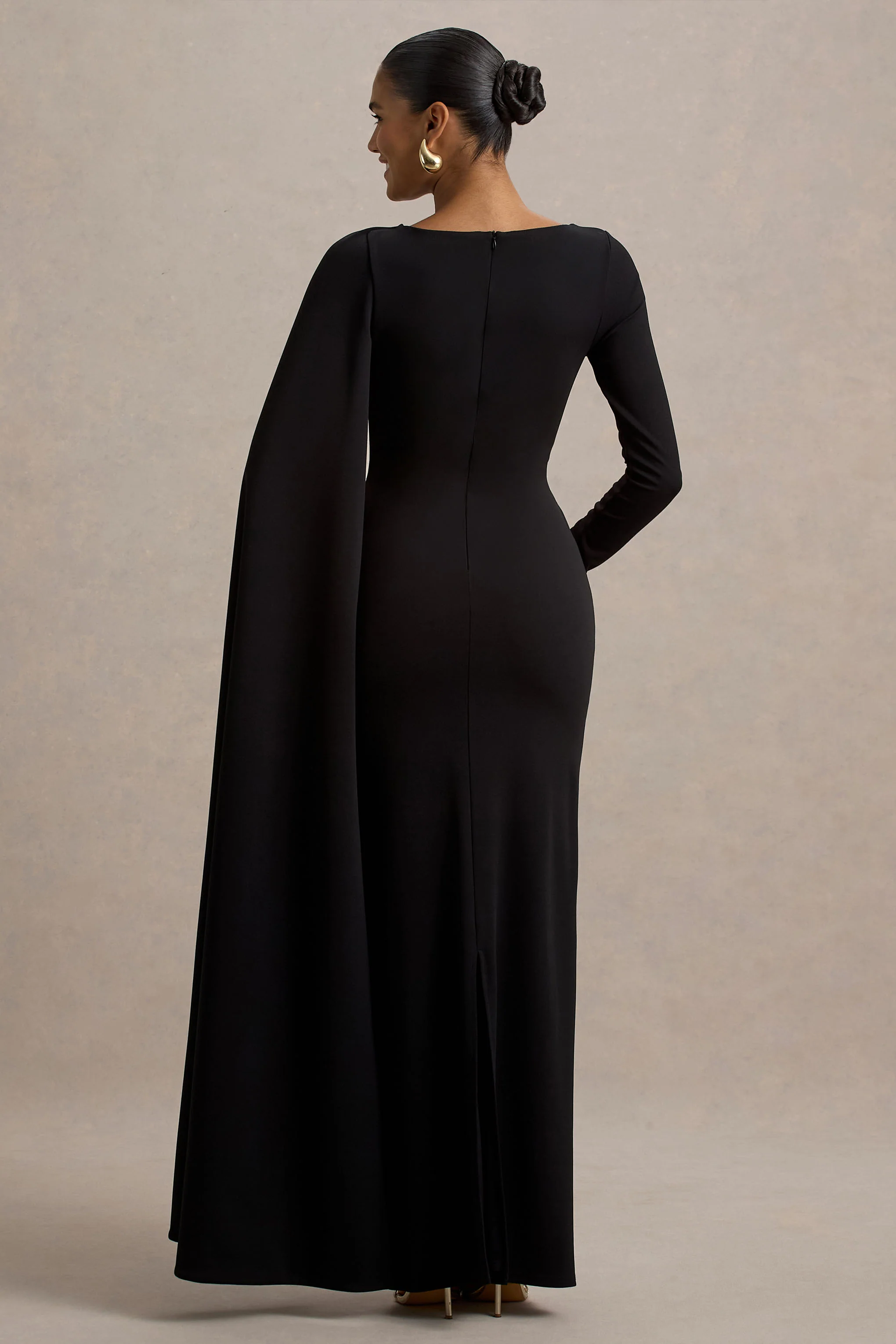 Frances | Black High-Neck Maxi Dress With Cape Detail - Image 2