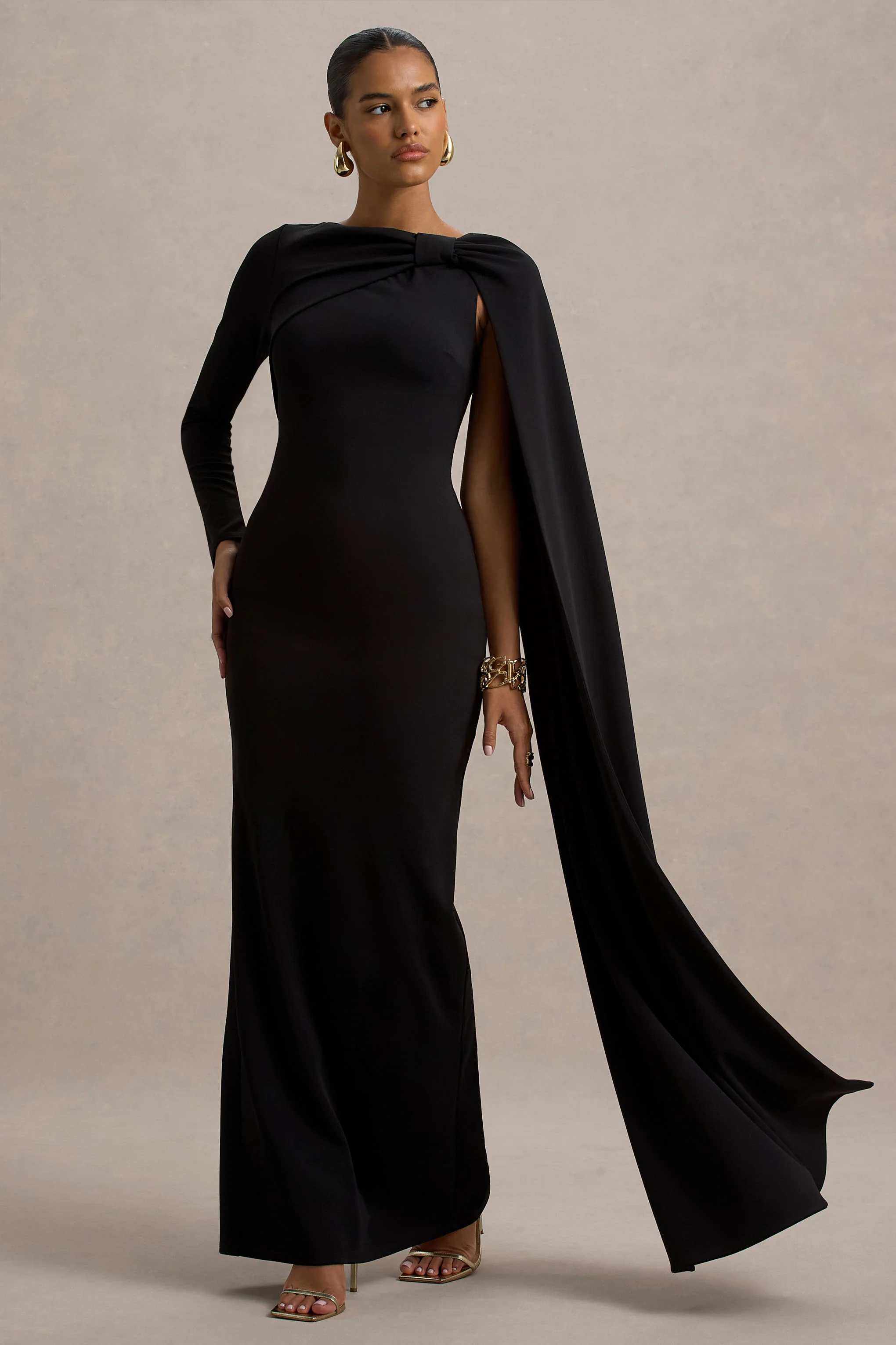 Frances | Black High-Neck Maxi Dress With Cape Detail - Image 5