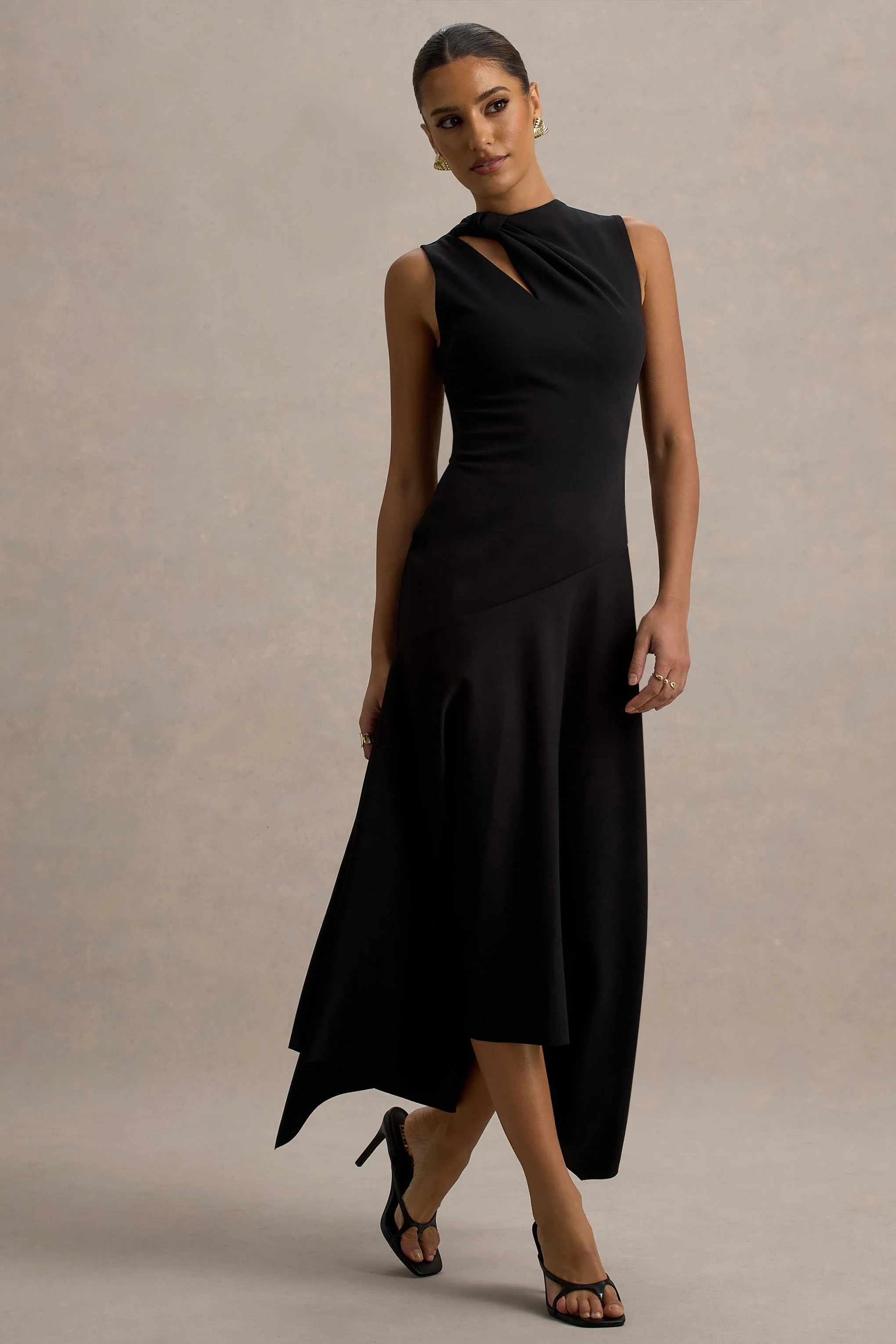 Francesca | Black Knotted Midi Dress With Handkerchief Hem - Image 4