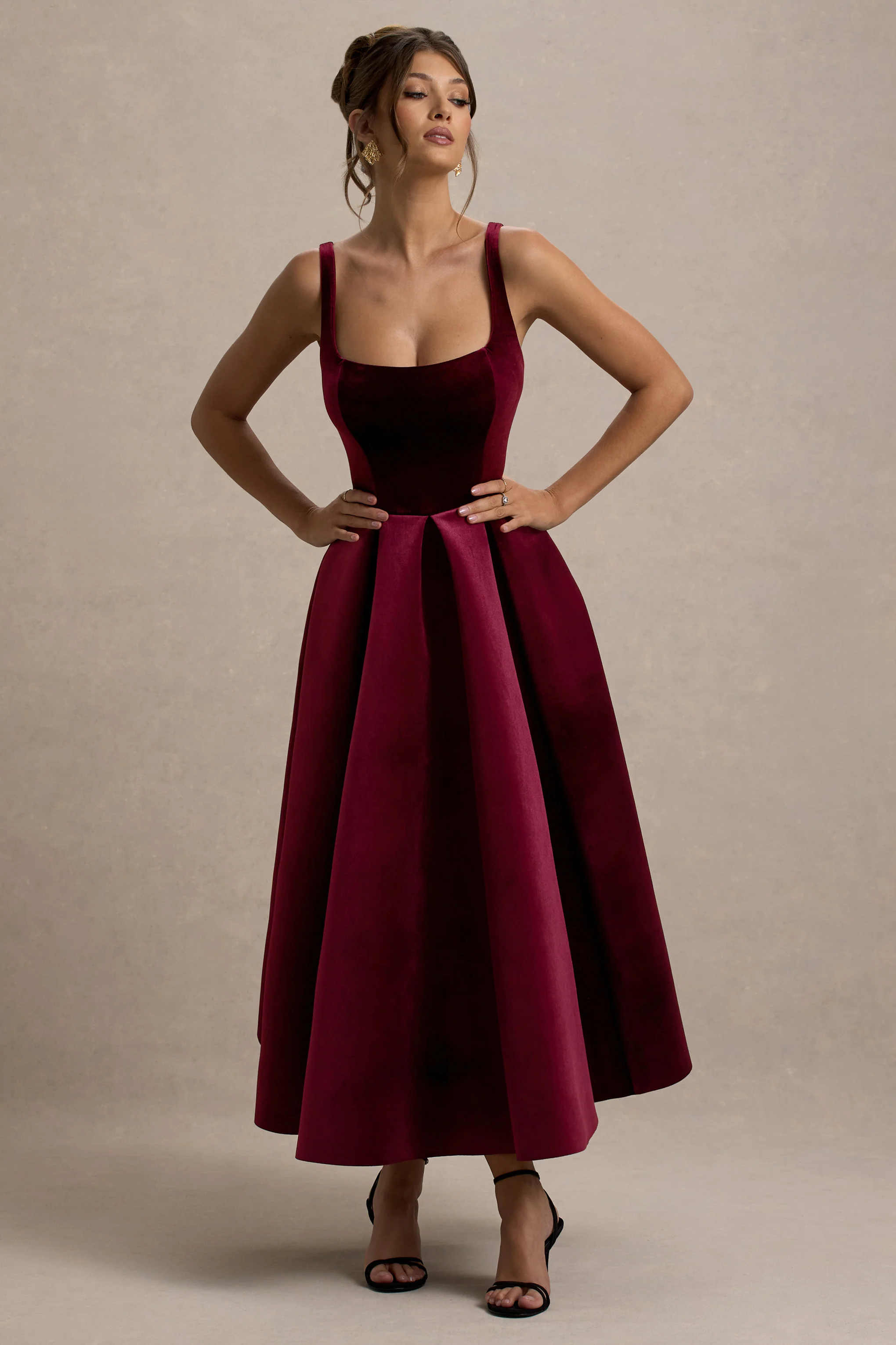 Francisca | Berry Velvet Strappy Volume-Hem Midi Dress - Image 5