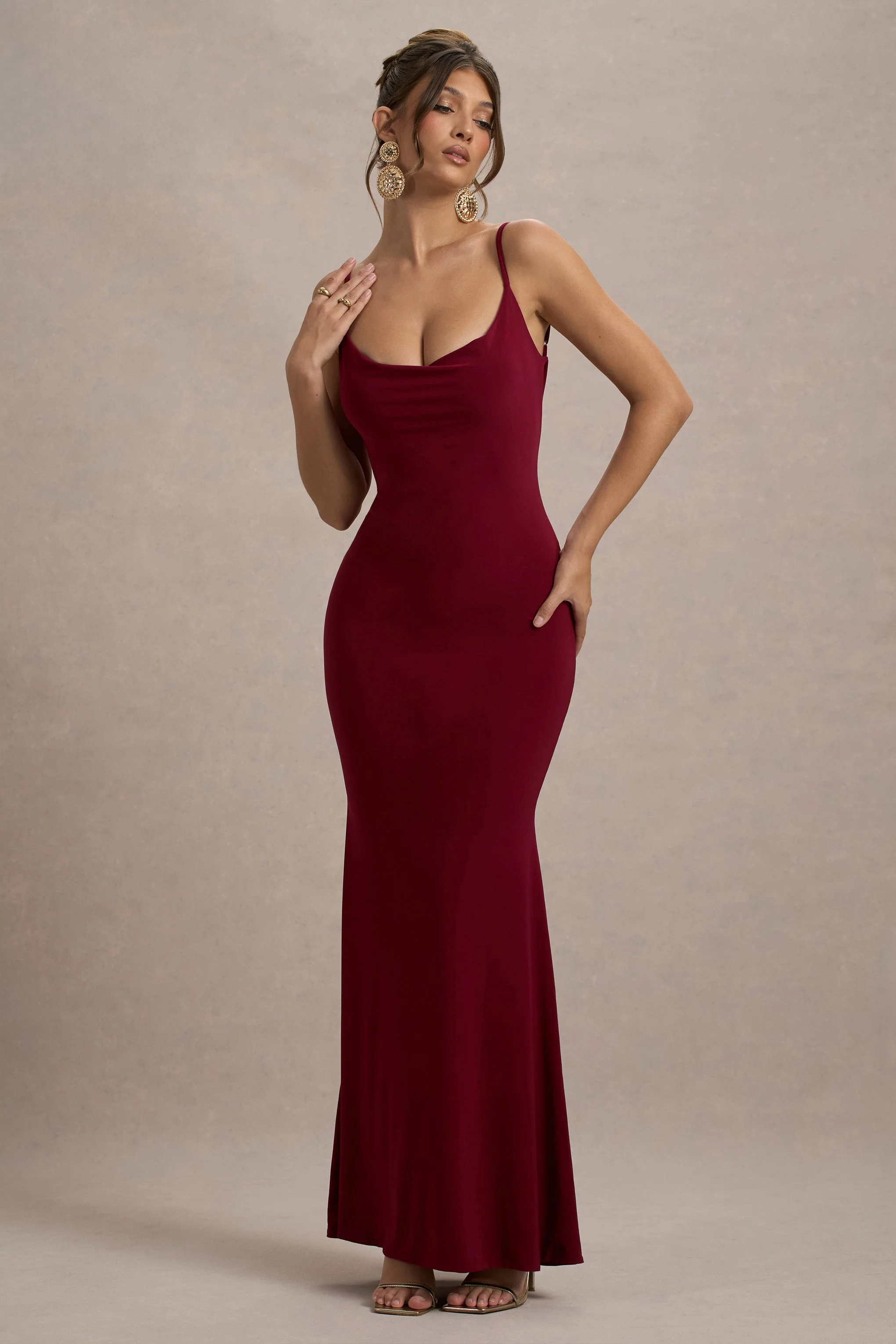 Francoise | Berry Cowl Neck Backless Maxi Dress With Lace Insert - Image 2