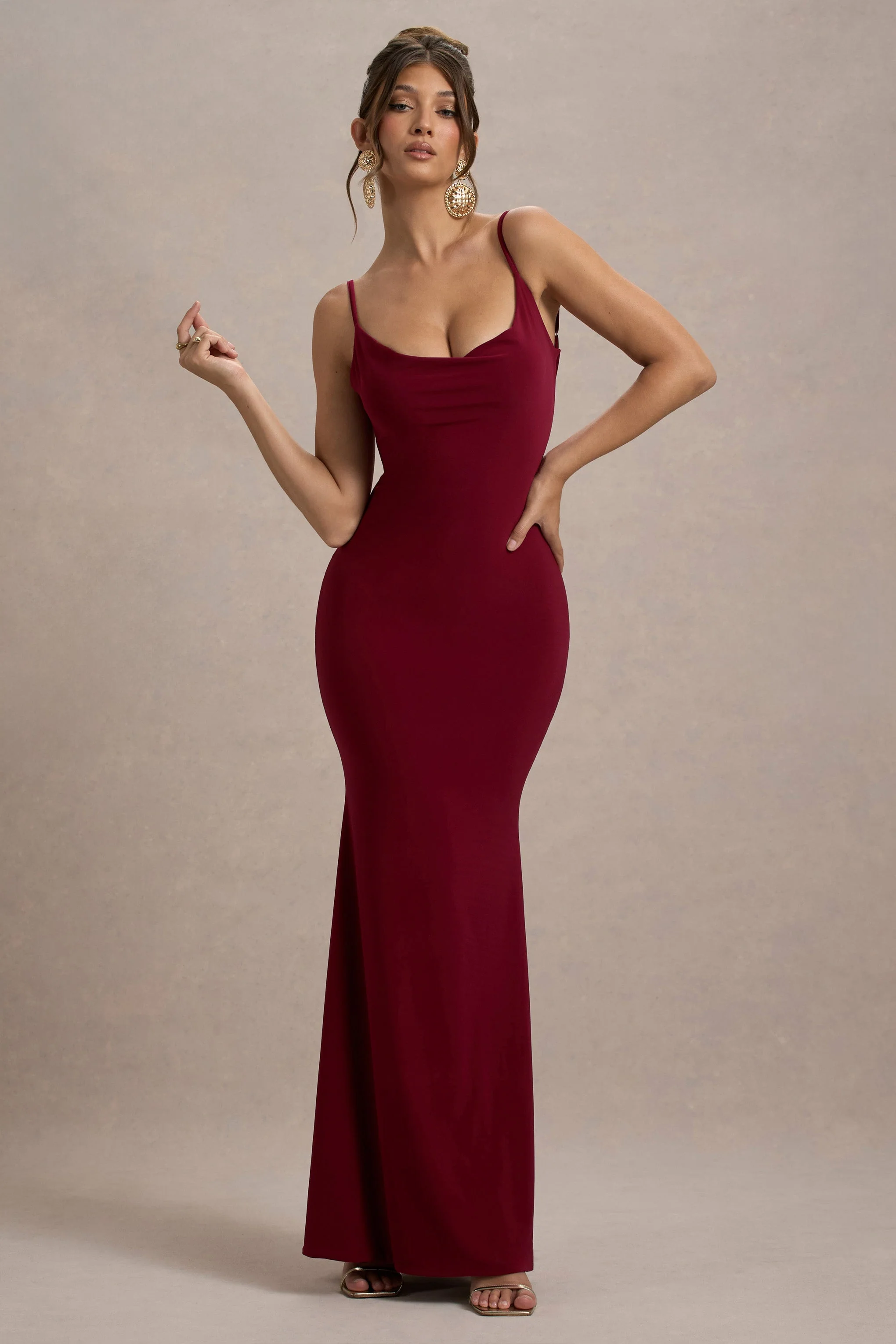 Francoise | Berry Cowl Neck Backless Maxi Dress With Lace Insert - Image 4