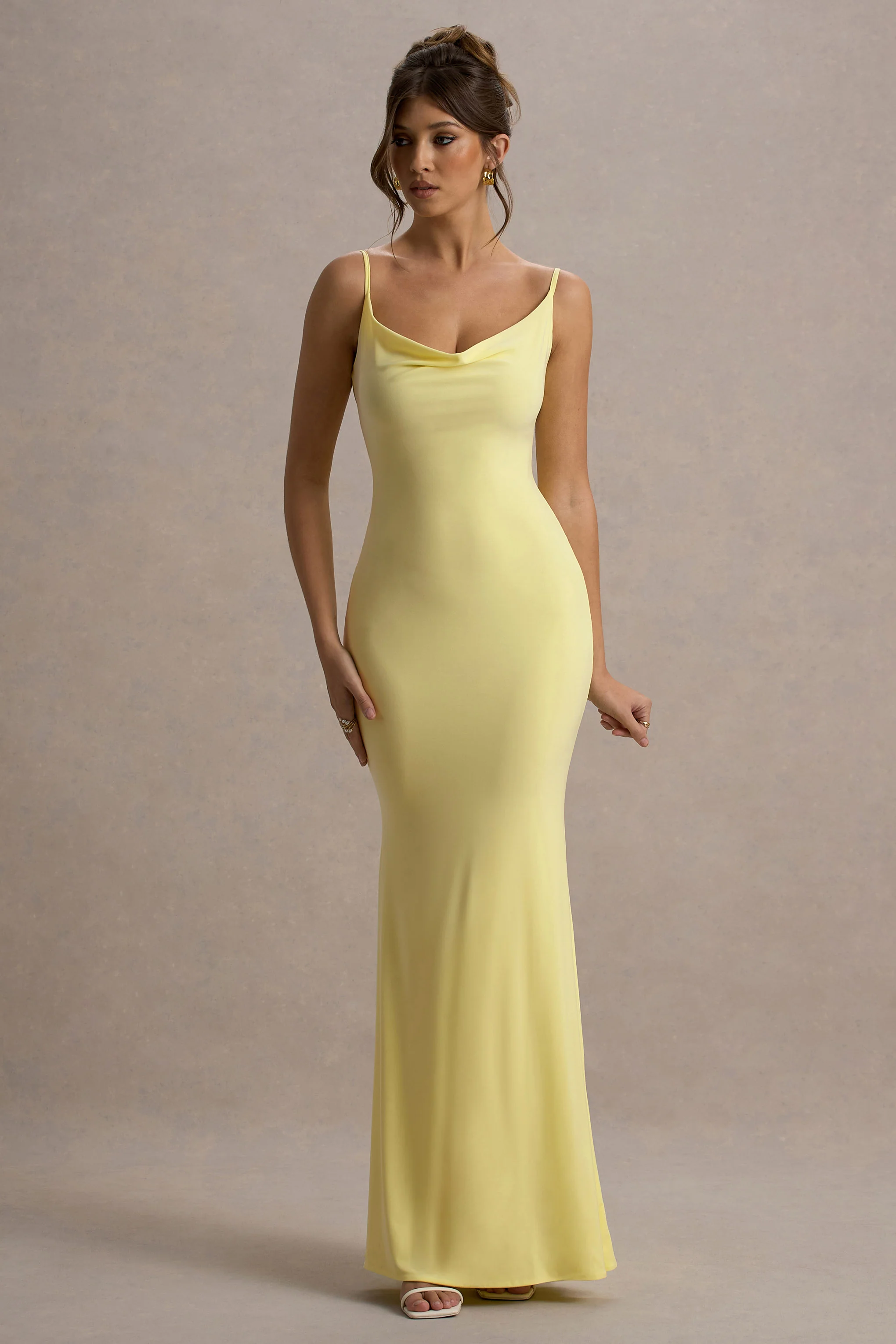 Francoise | Lemon Cowl Neck Backless Maxi Dress With Lace Insert - Image 2