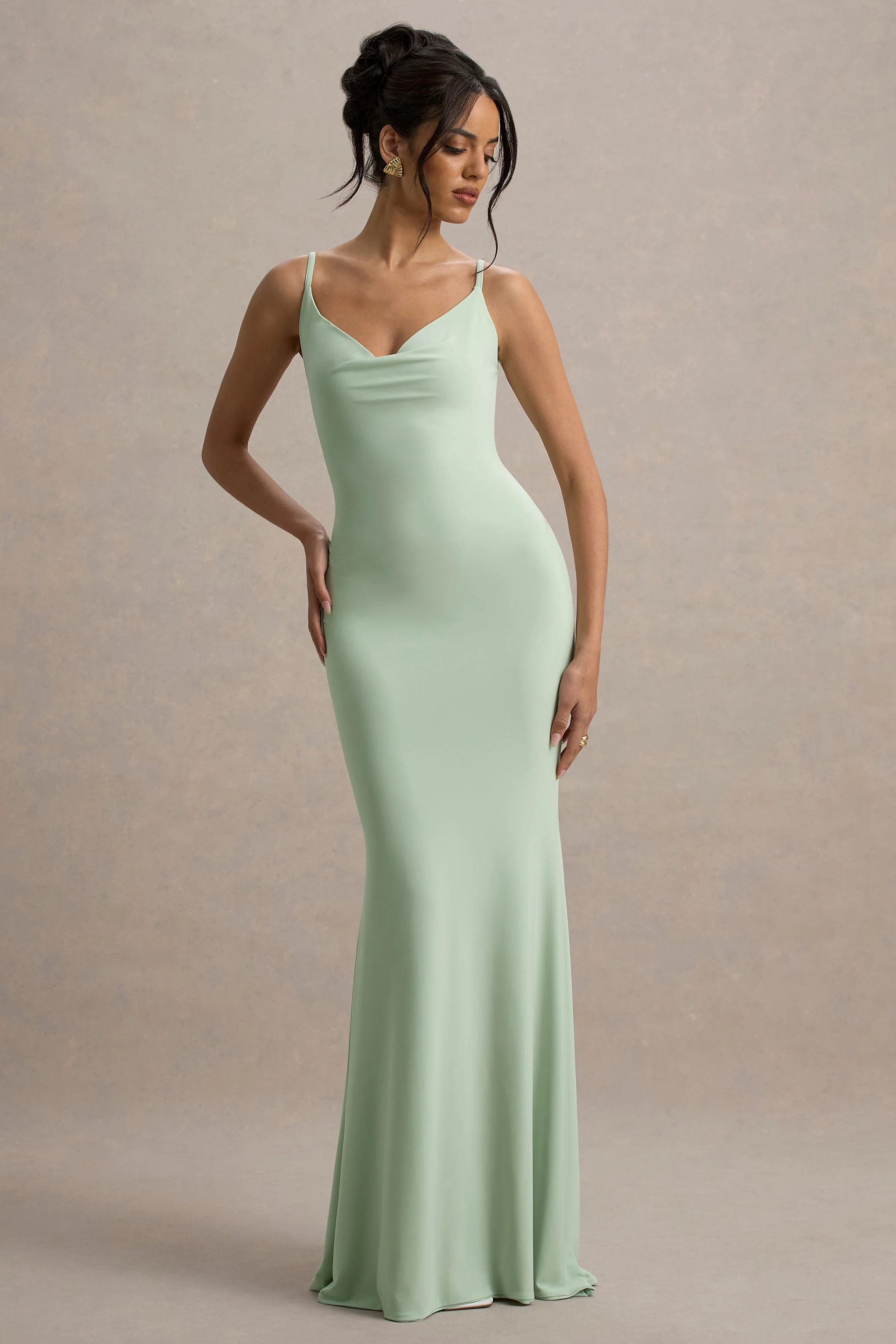 Francoise | Light Green Cowl Neck Backless Maxi Dress With Lace Insert - Image 2