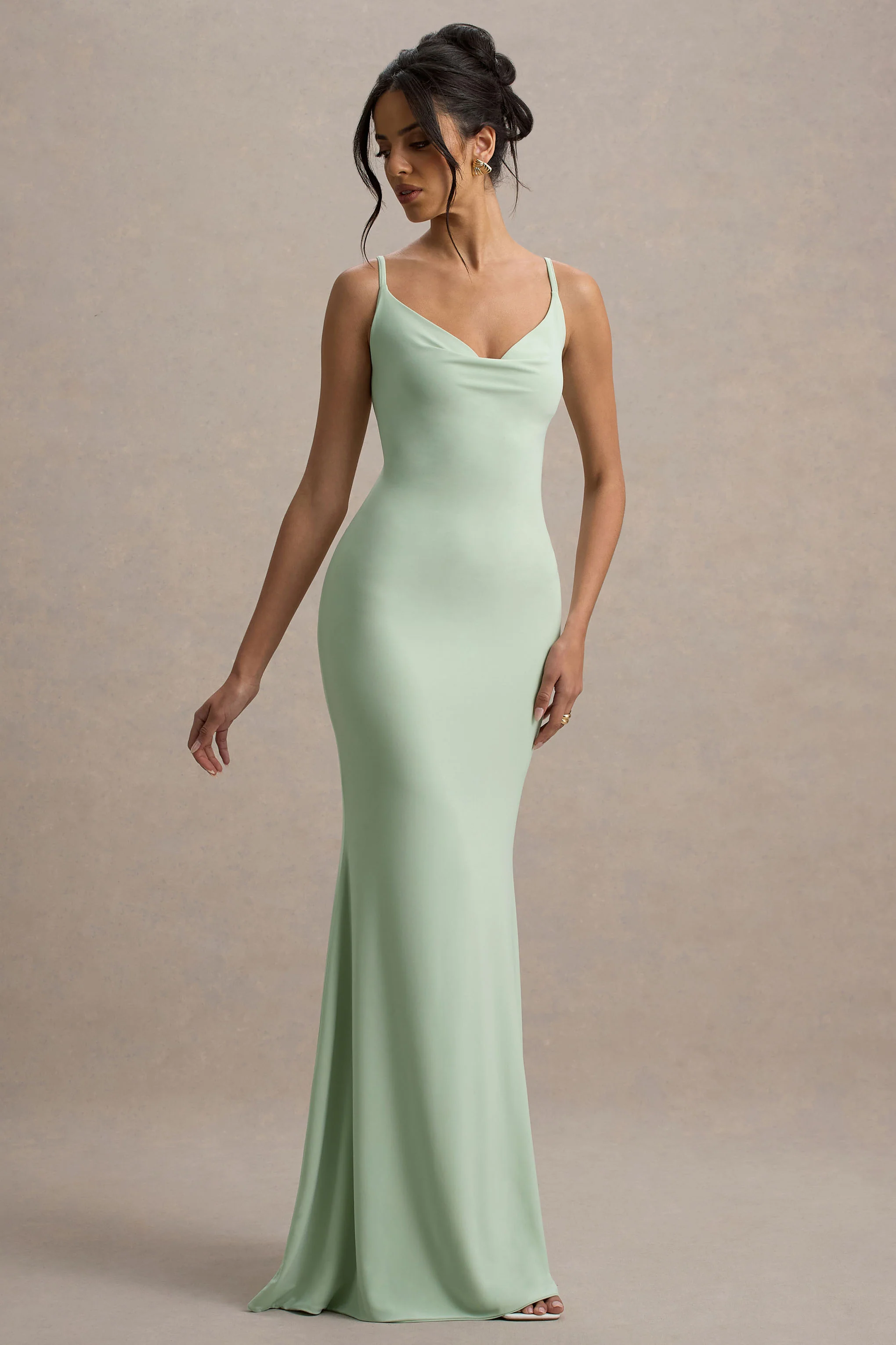 Francoise | Light Green Cowl Neck Backless Maxi Dress With Lace Insert - Image 4