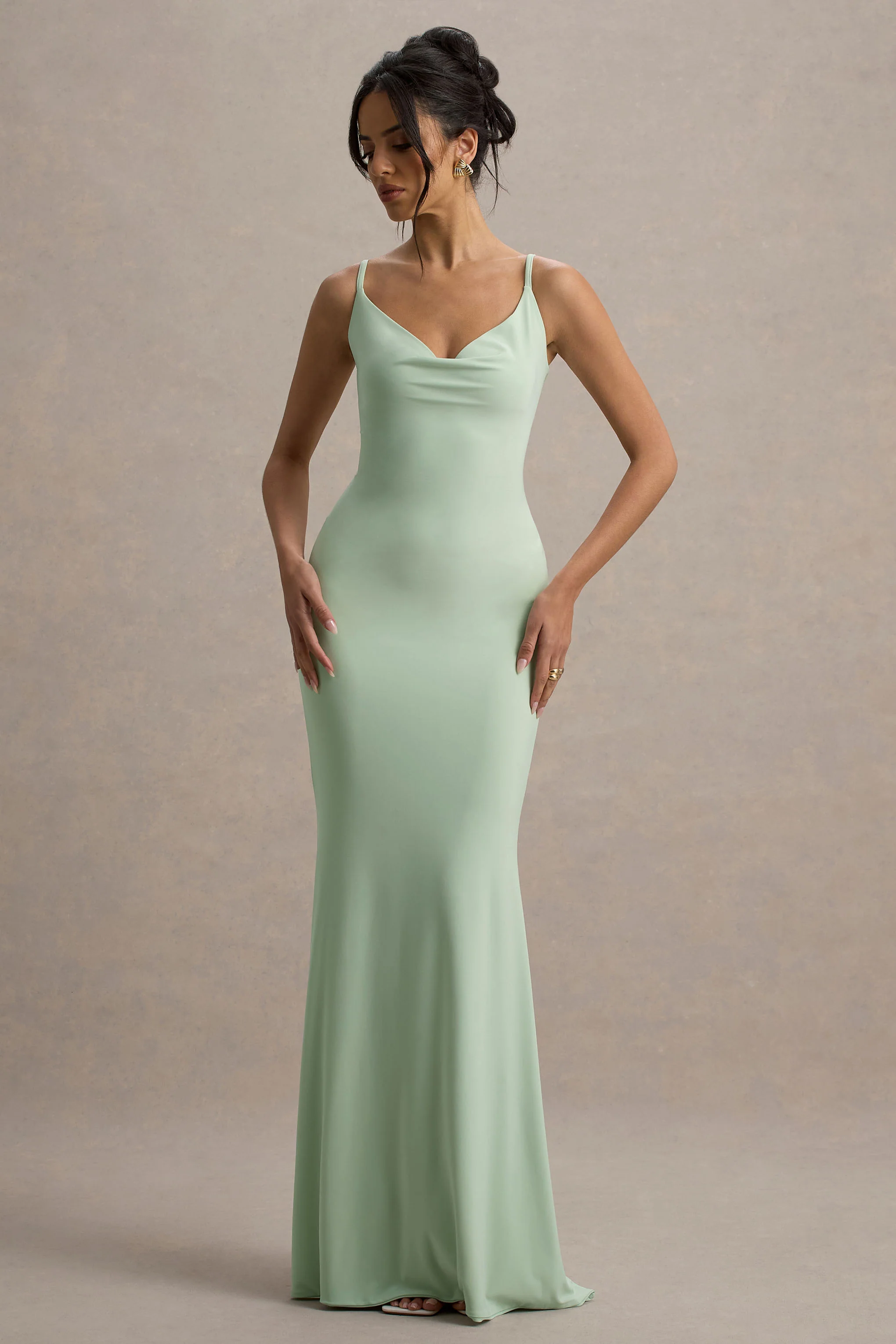 Francoise | Light Green Cowl Neck Backless Maxi Dress With Lace Insert - Image 6