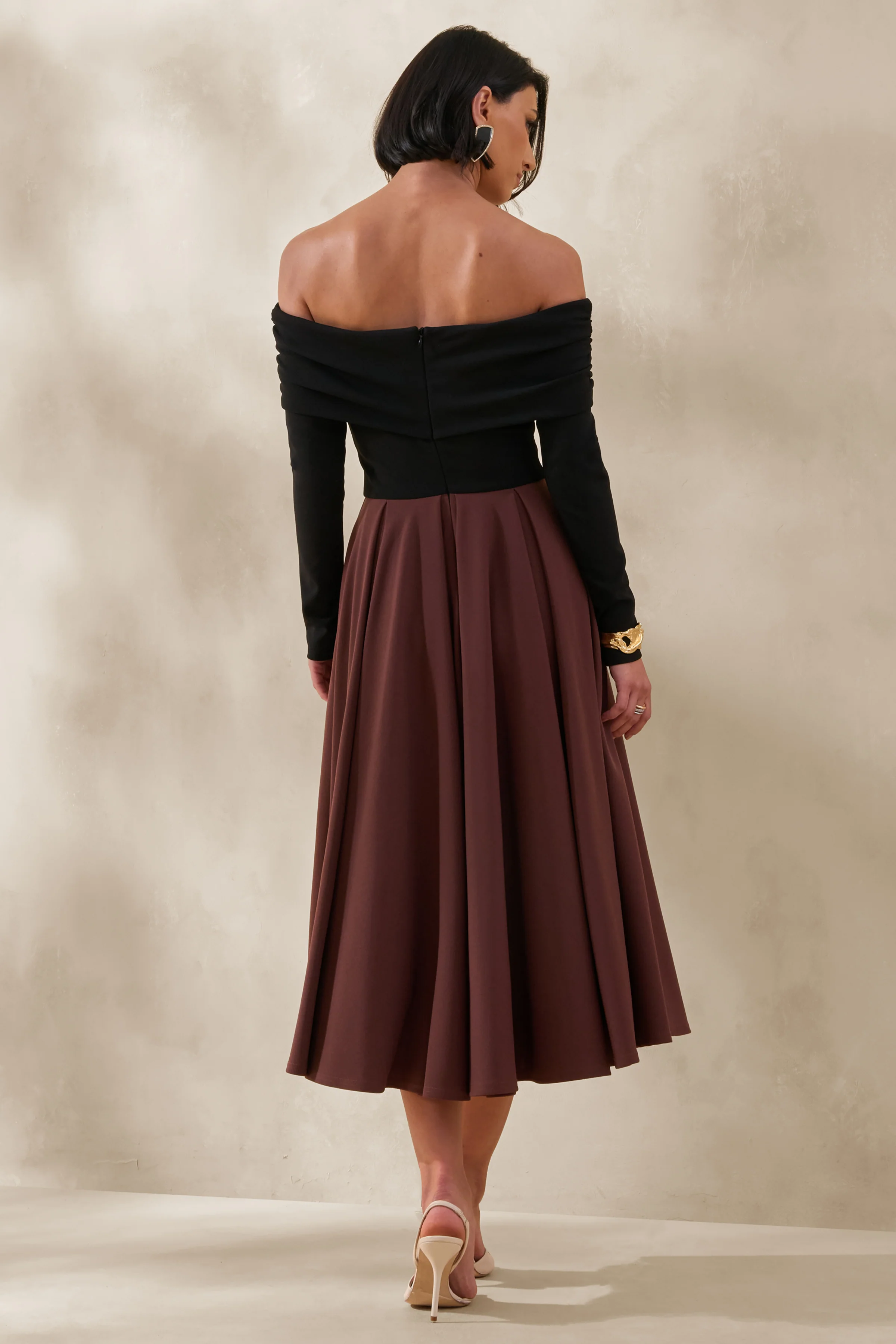 Frederica | Black And Brown Bardot-Neck Midi Dress - Image 2