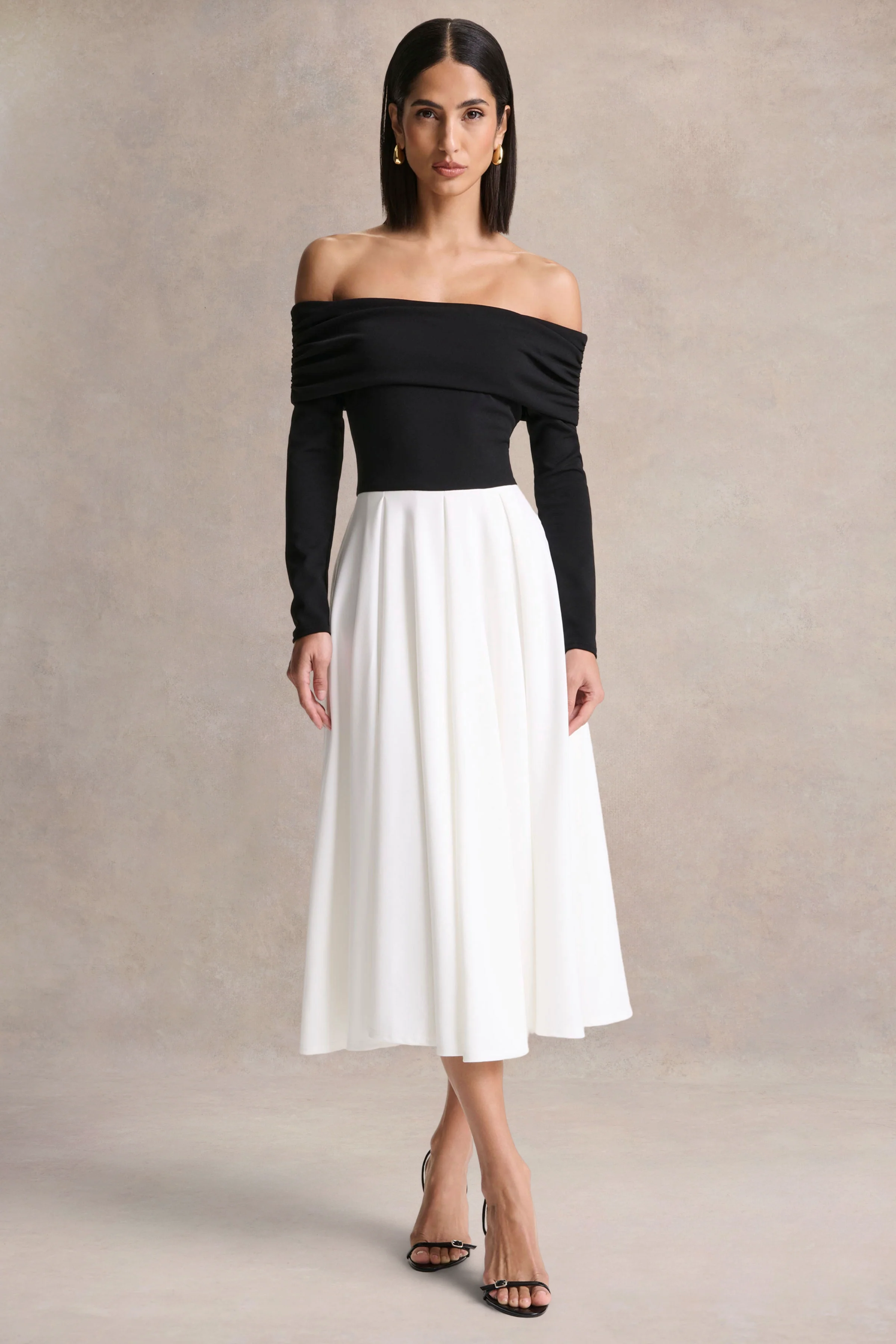 Frederica | Black And White Bardot-Neck Midi Dress - Image 5