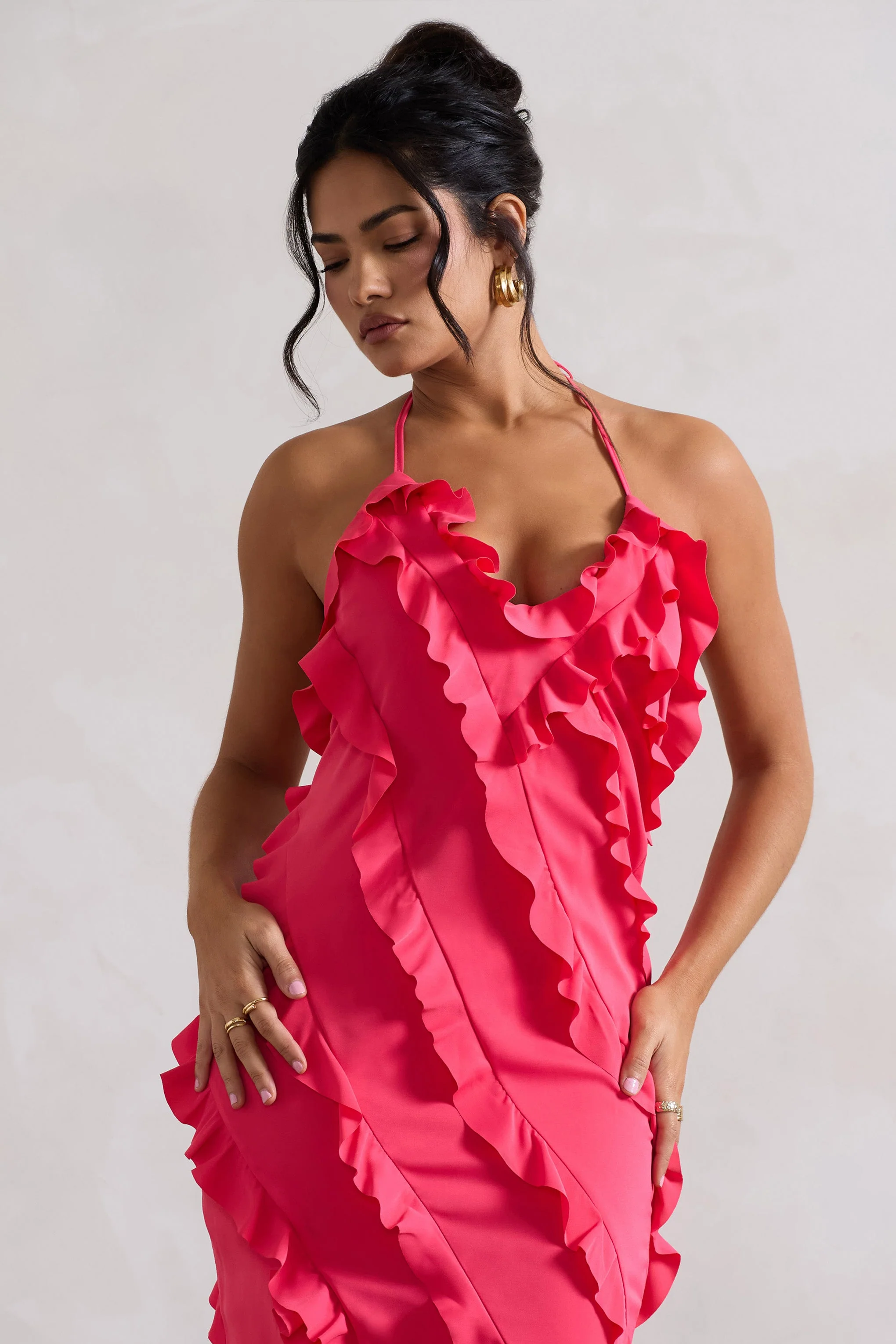 Full On | Hot Pink V-Neck Ruffle Maxi Dress - Image 3
