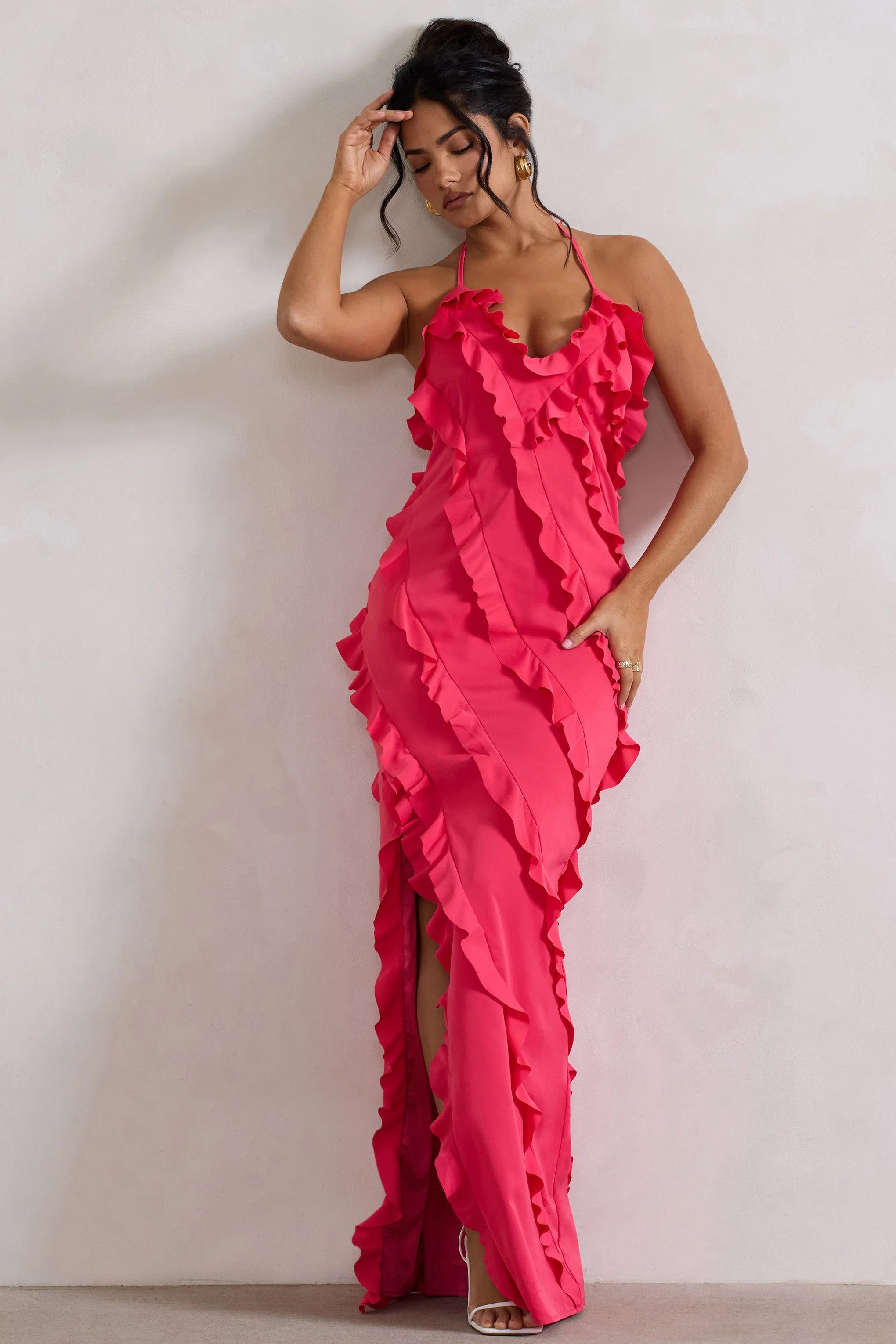 Full On | Hot Pink V-Neck Ruffle Maxi Dress - Image 4