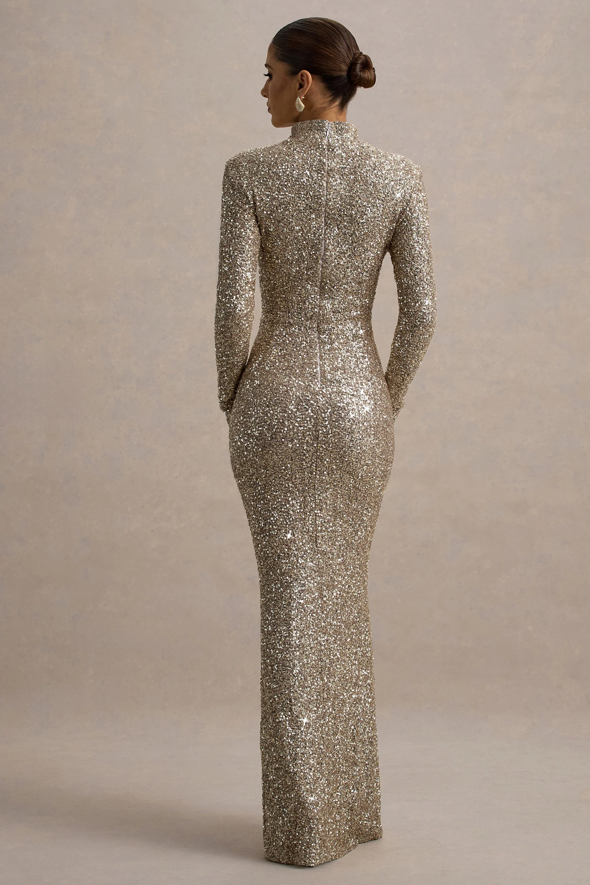 Galaxy | Champagne Sequin Turtle-Neck Long-Sleeve Maxi Dress - Image 2