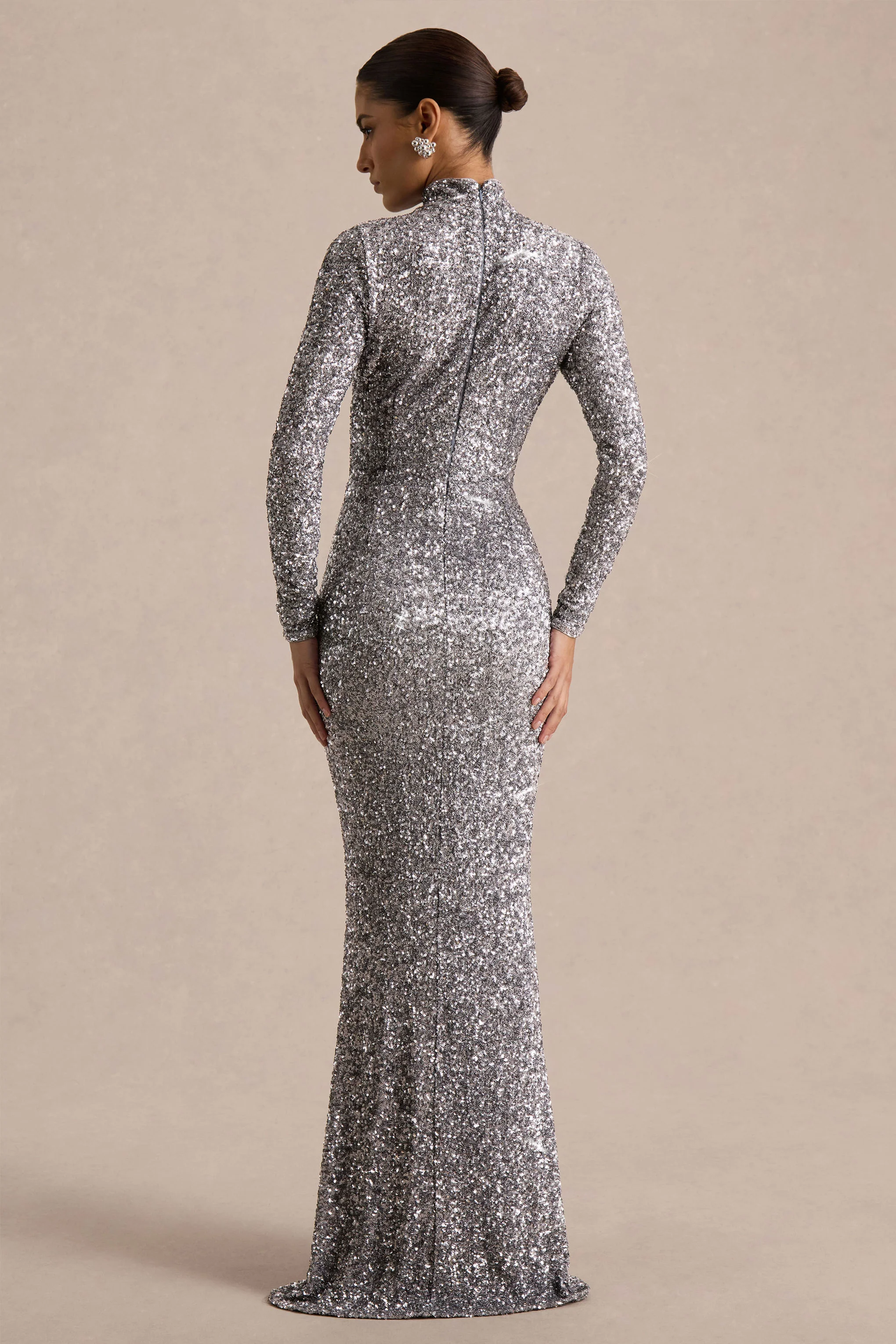 Galaxy | Silver Sequin Turtle-Neck Long-Sleeve Maxi Dress - Image 2