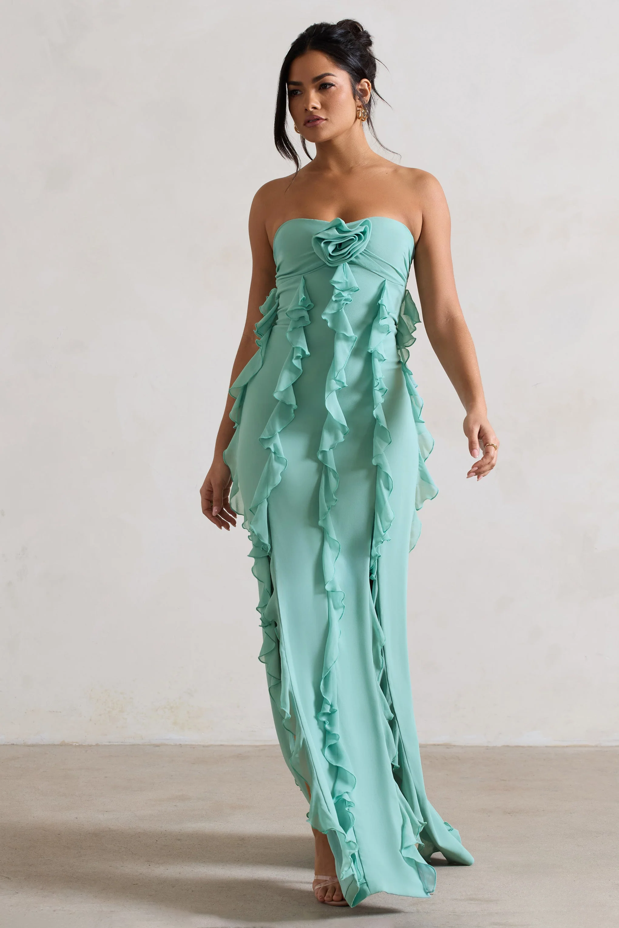 Gardenia | Mint Green Strapless Ruffle Maxi Dress With Corsage - Image 5