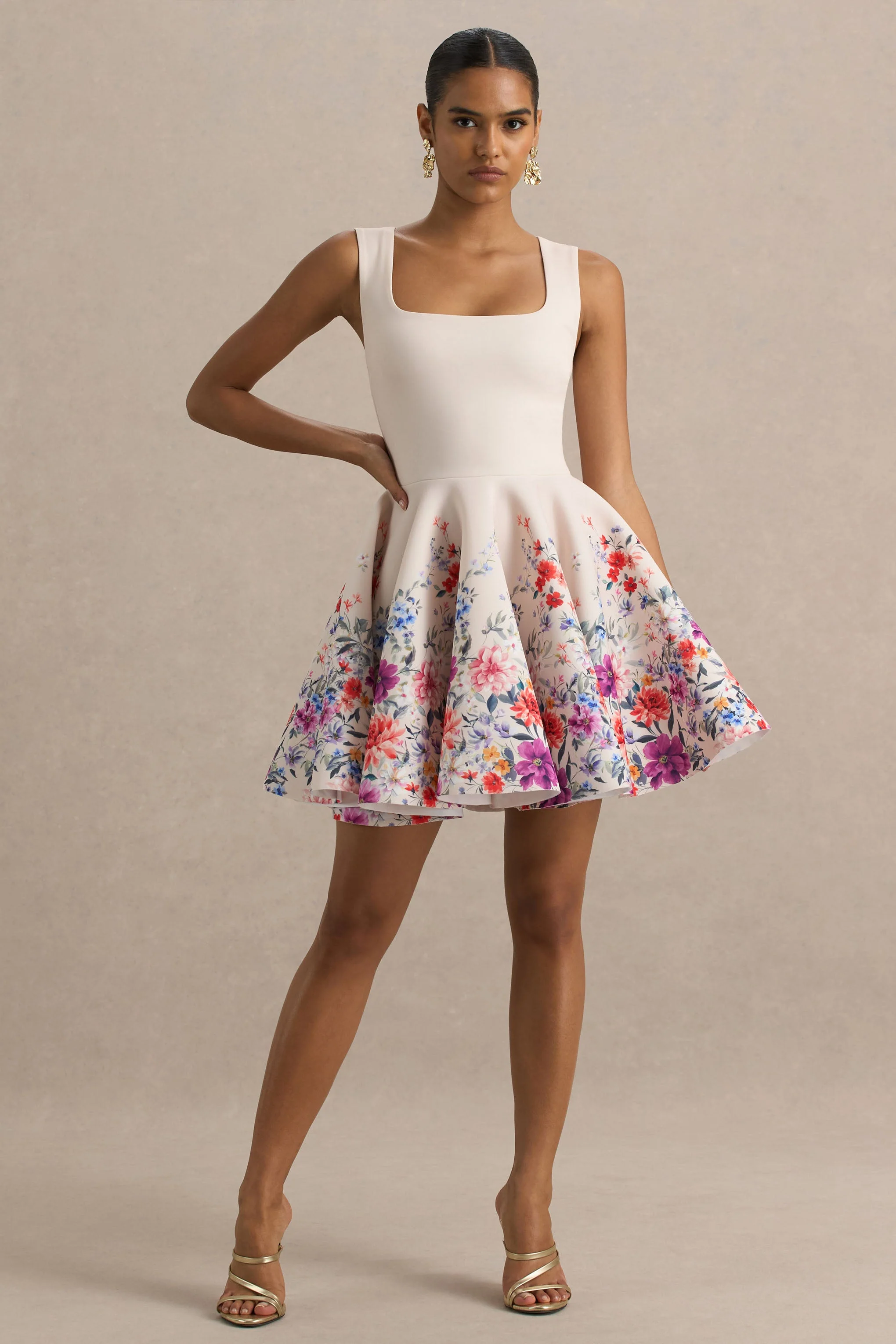 Gemstone | Light Pink Floral Print Square-Neck Skater Mini Dress - Image 3