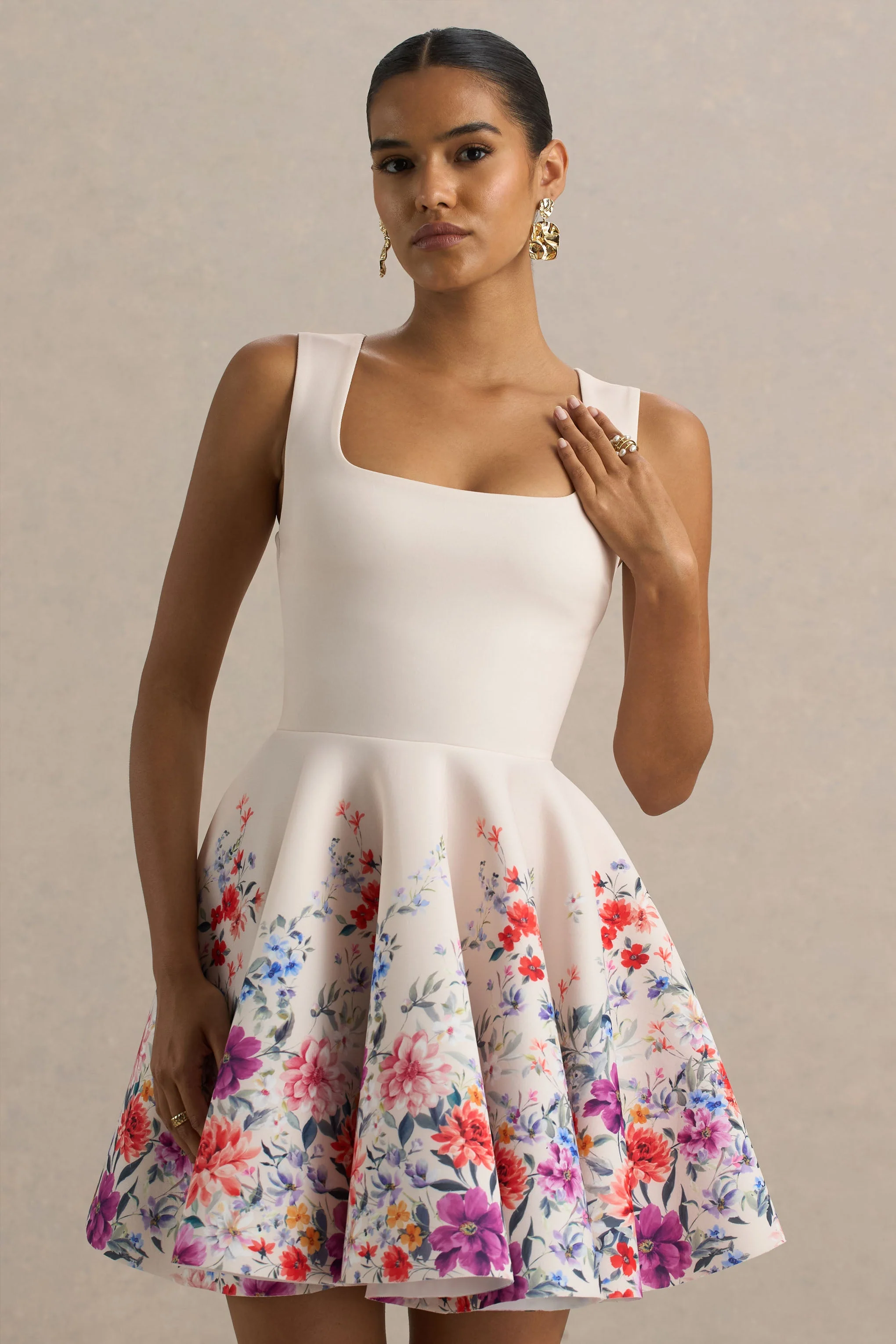 Gemstone | Light Pink Floral Print Square-Neck Skater Mini Dress - Image 5