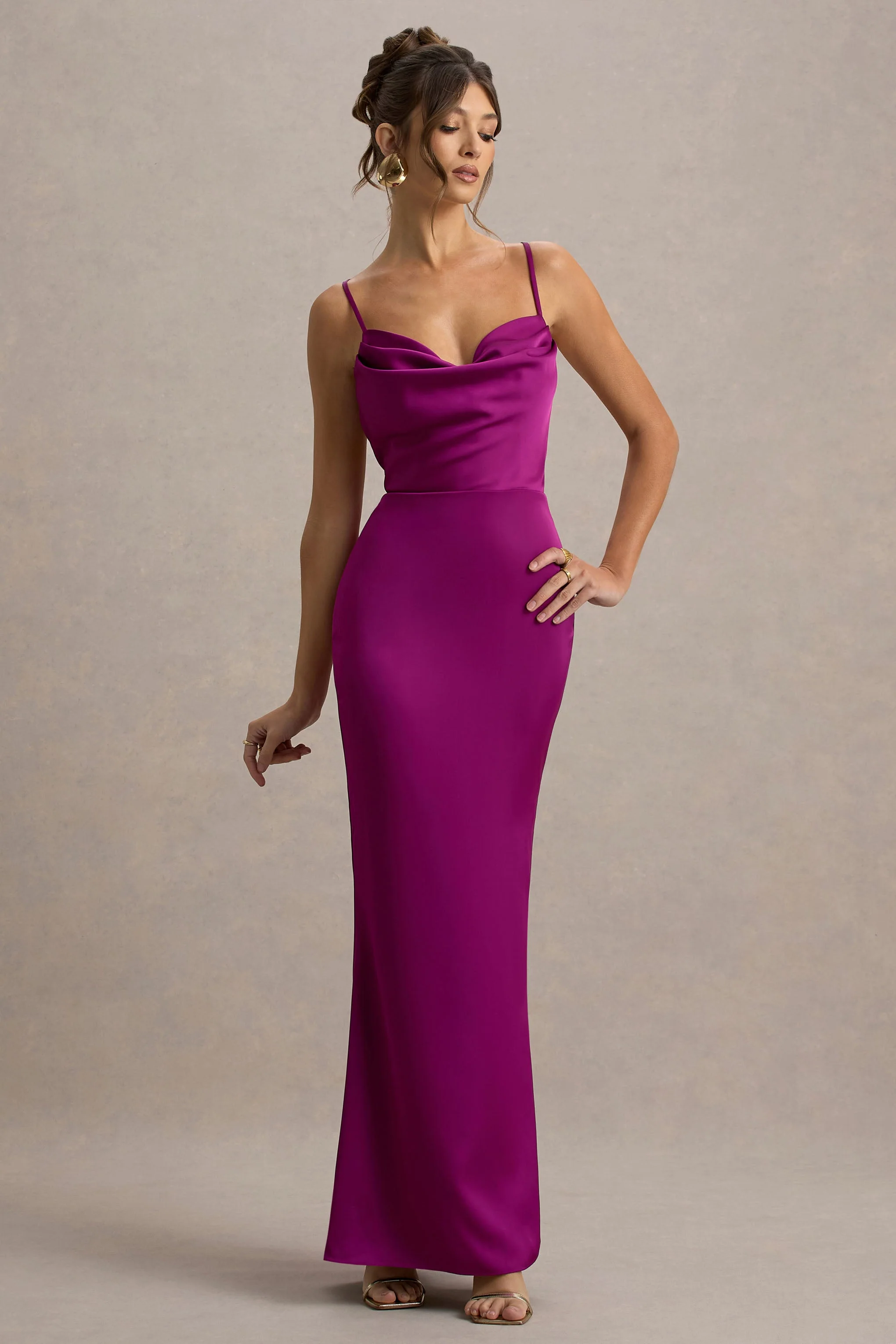 Gia | Dark Pink Satin Cowl-Neck Maxi Dress - Image 2
