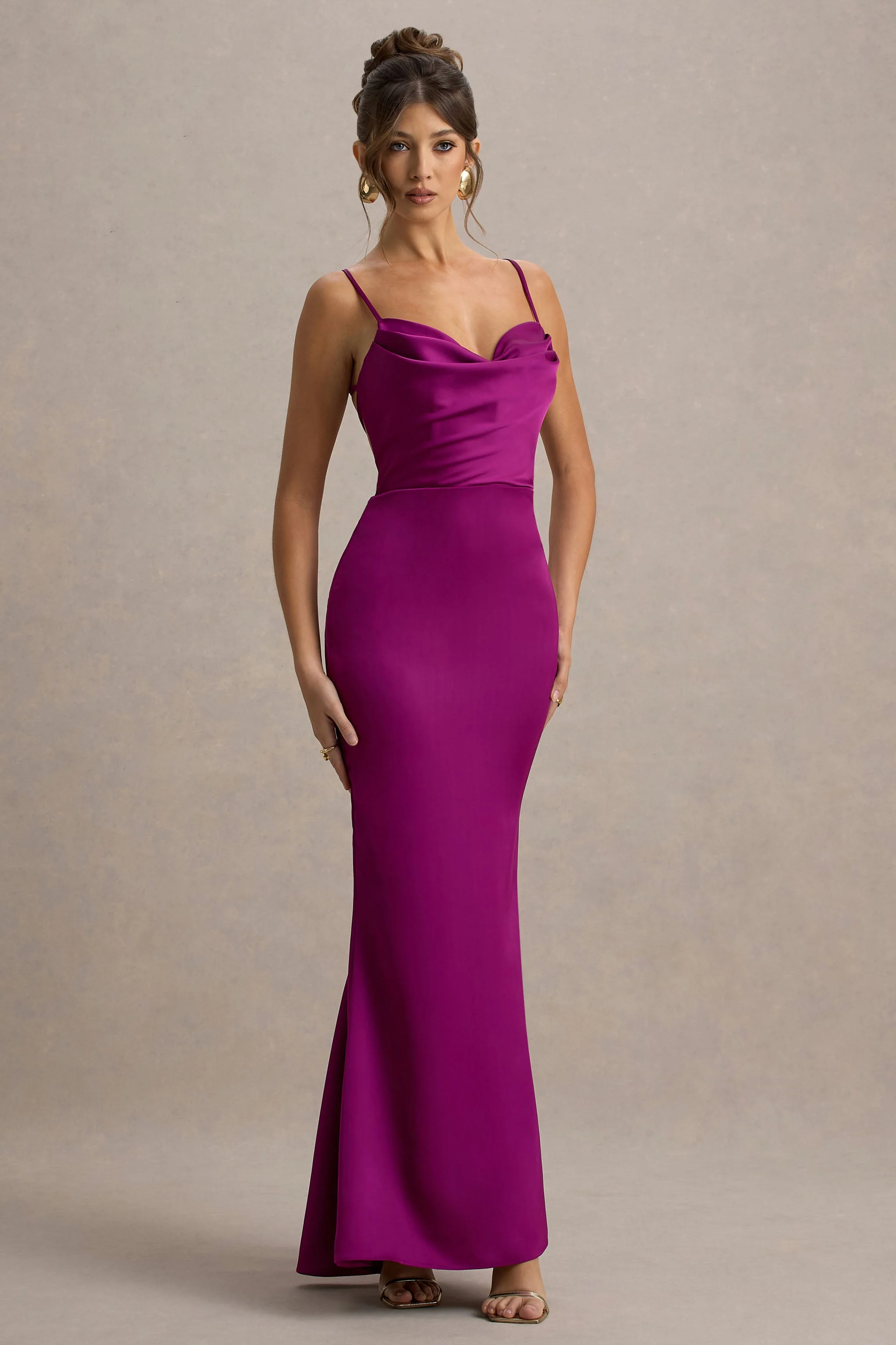 Gia | Dark Pink Satin Cowl-Neck Maxi Dress - Image 4