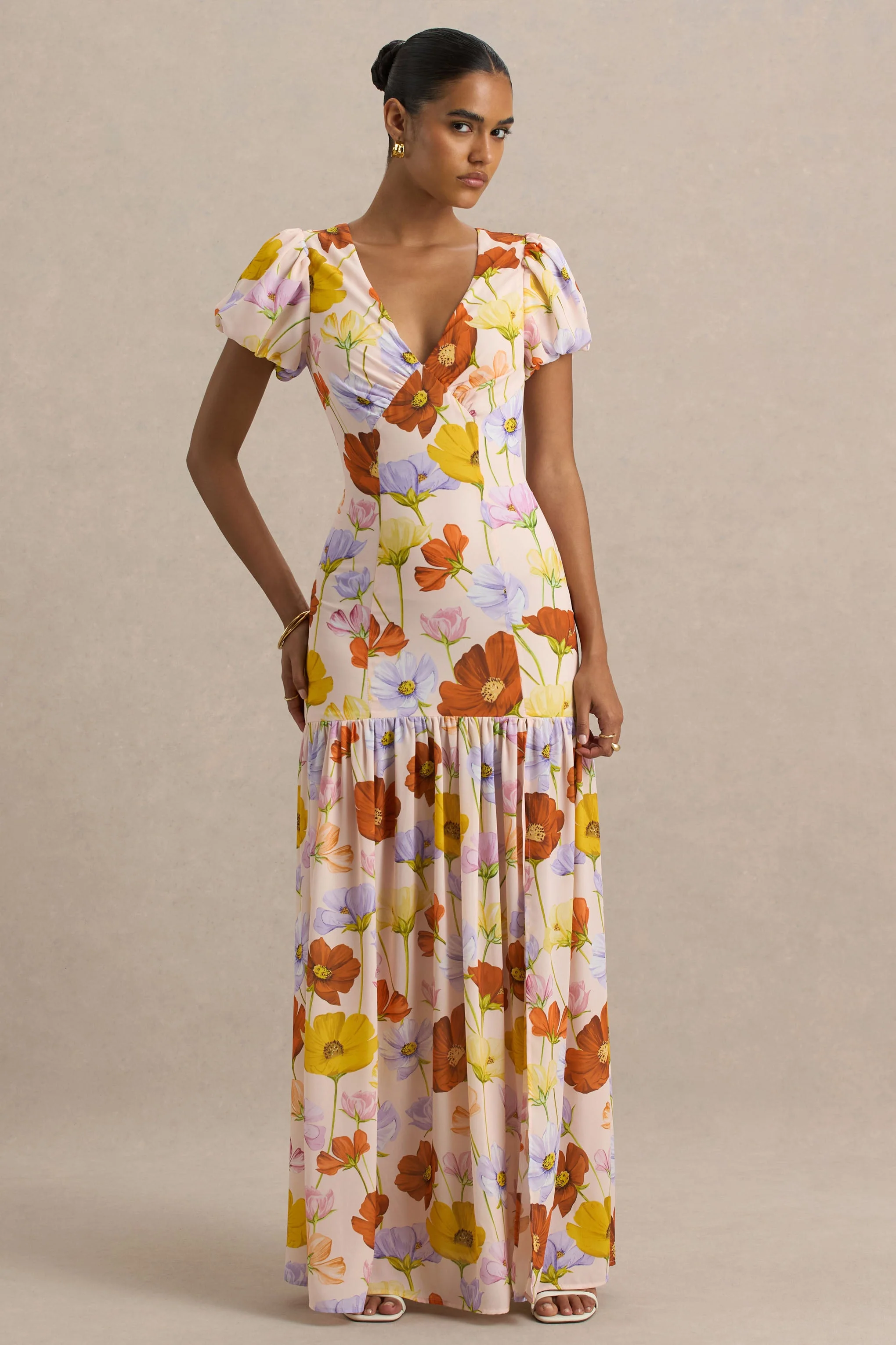 Ginny | Bright Floral Print Puff-Sleeve Split Maxi Dress - Image 3
