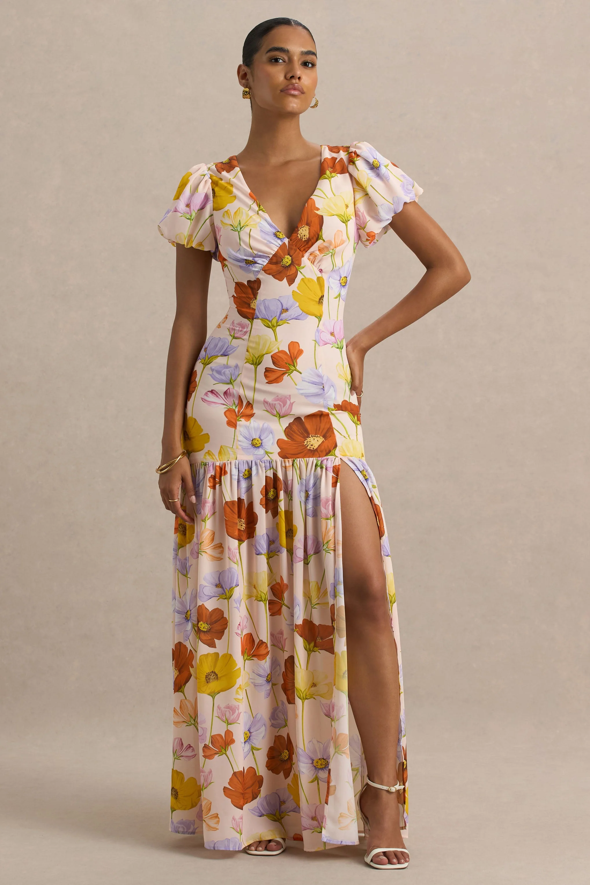 Ginny | Bright Floral Print Puff-Sleeve Split Maxi Dress - Image 5