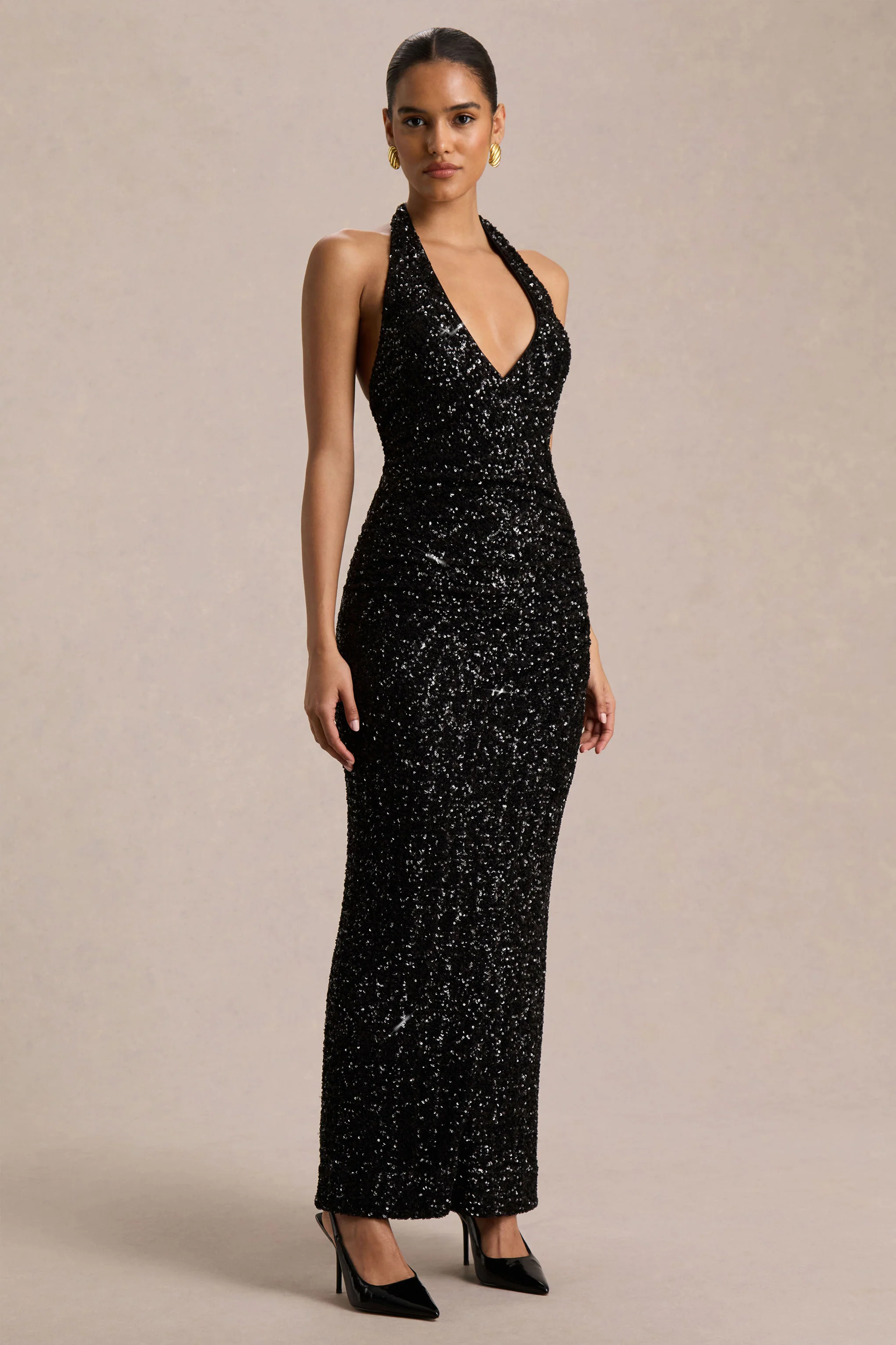 Gio | Black Sequin Plunge-Neck Wrap Maxi Dress With Ruched Detailing - Image 4
