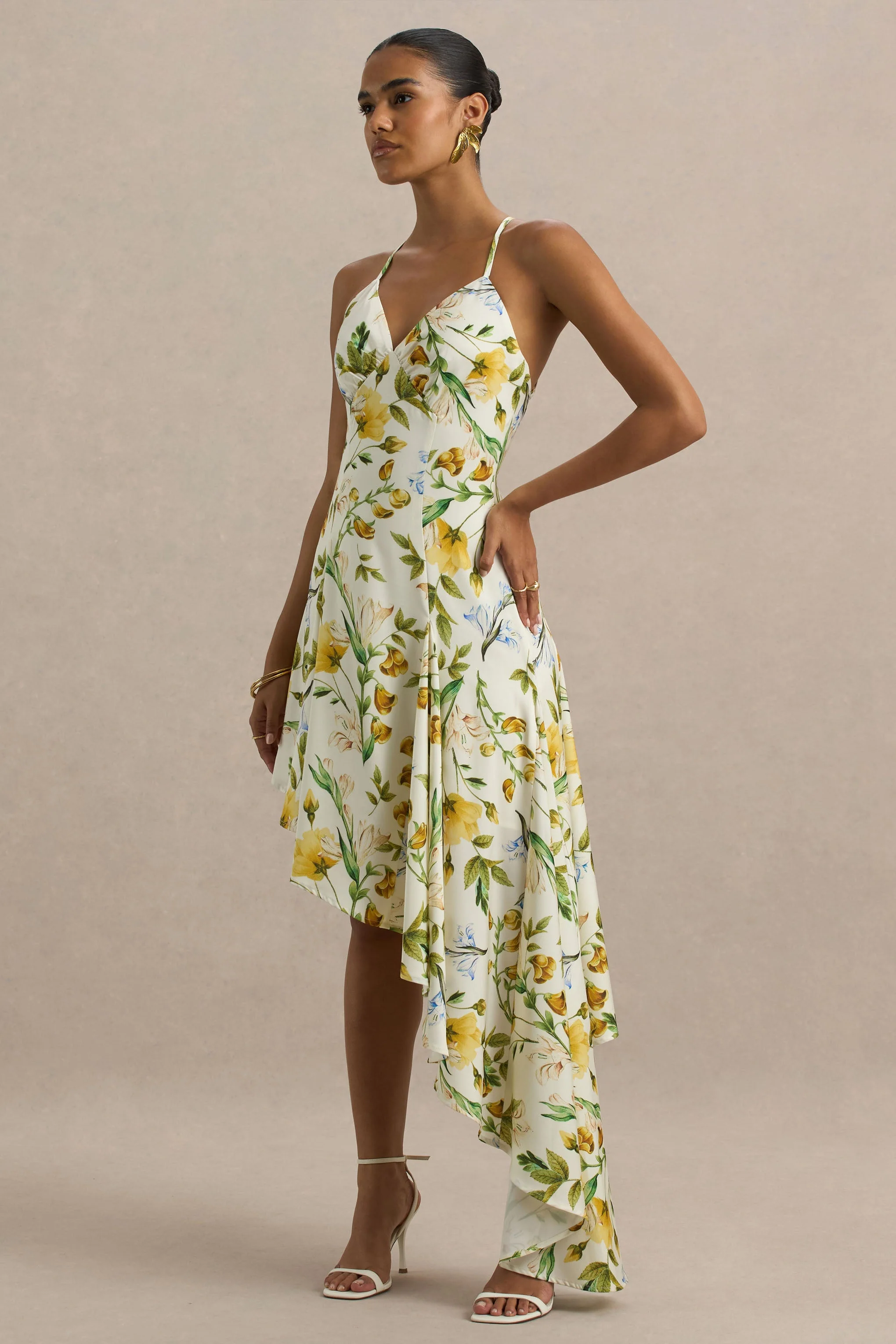Glint | Lemon Floral Print Satin Plunge-Neck Maxi Dress With Asymmetric Hem - Image 6