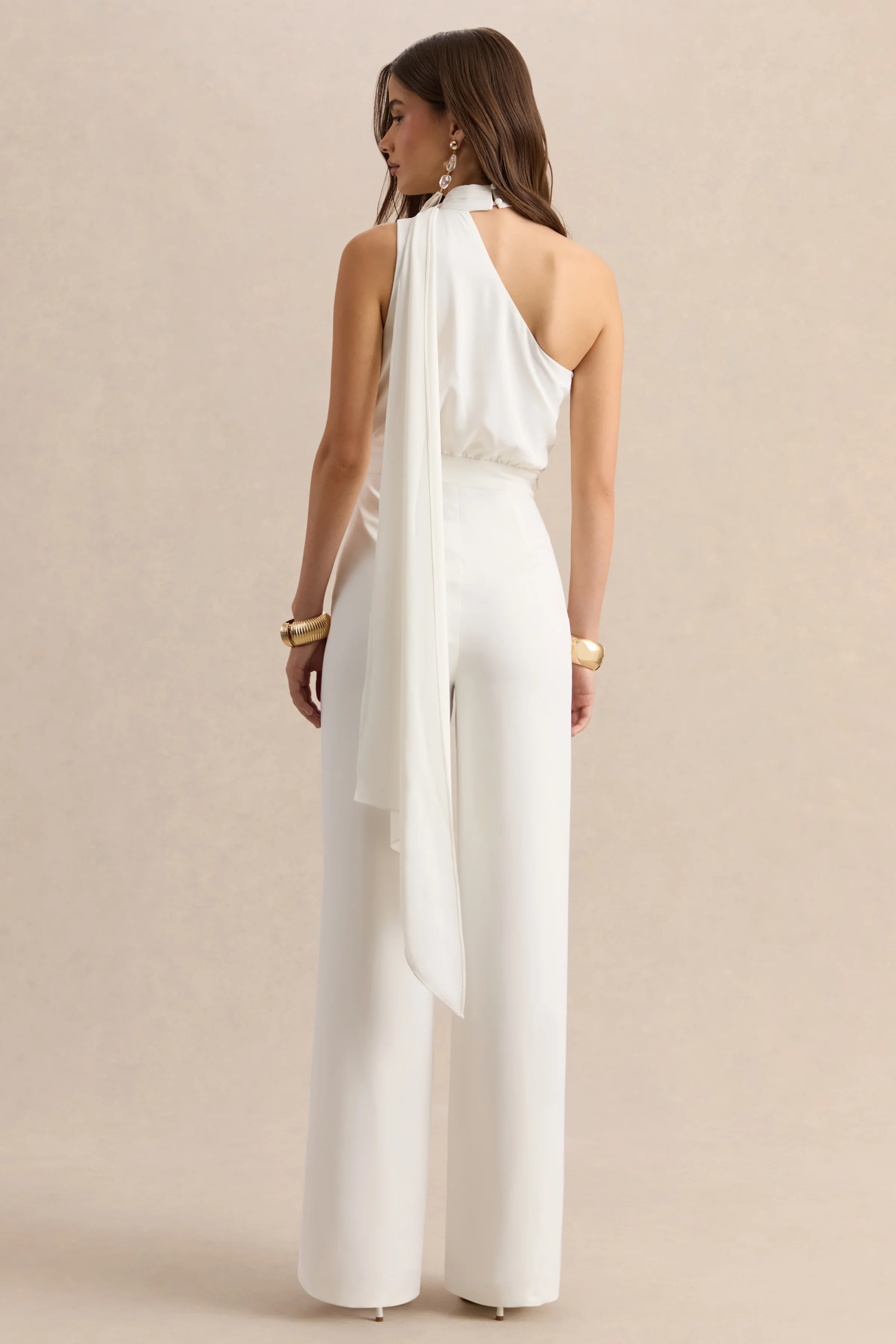 Gliselle | White Asymmetric-Neck Jumpsuit With Scarf-Detail - Image 2