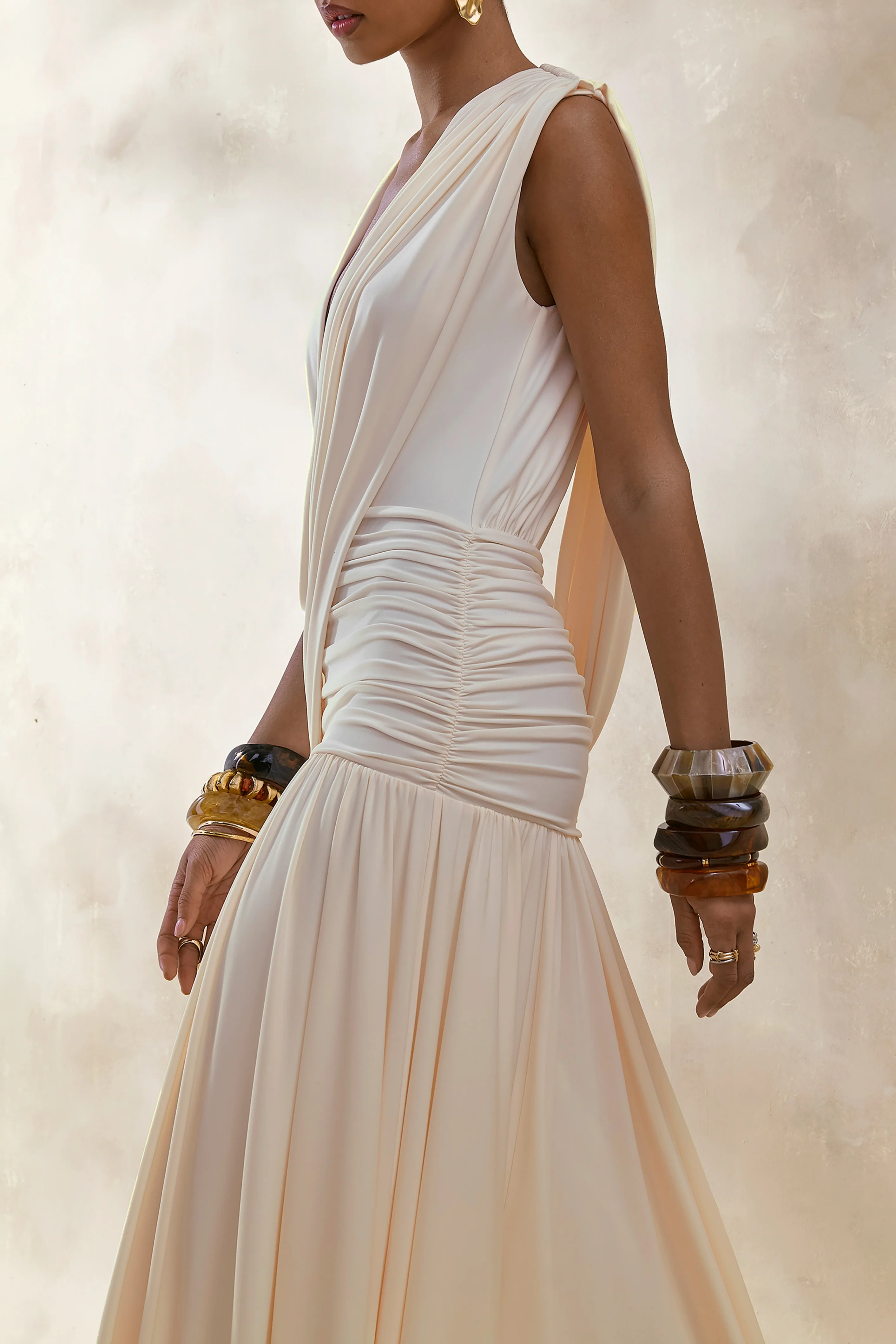 Glorina | Cream Plunge-Neck Maxi Dress With Draped-Detailing - Image 3