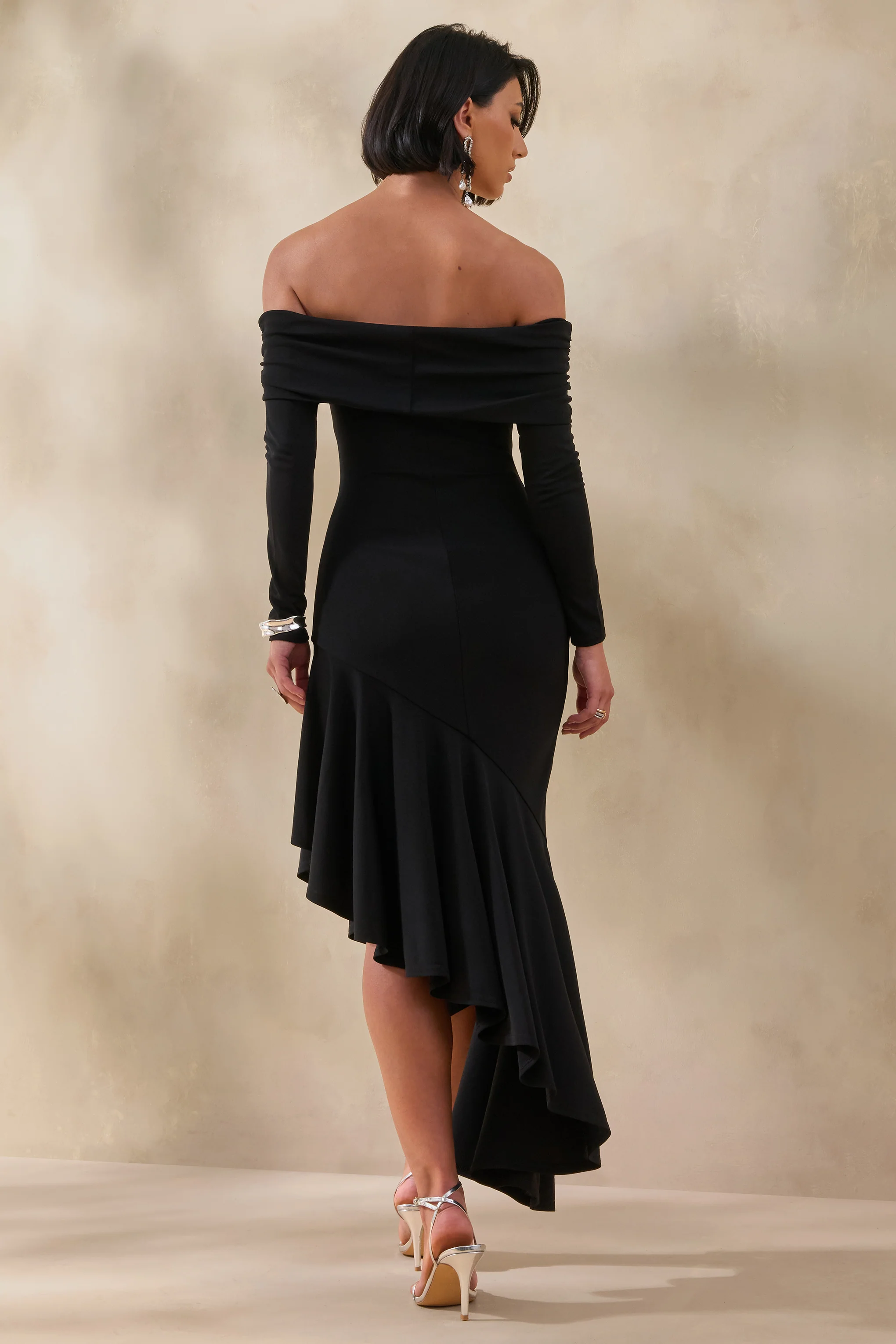 Goldara | Black Bardot-Neck Maxi Dress With Ruffled Asymmetric-Hem - Image 2