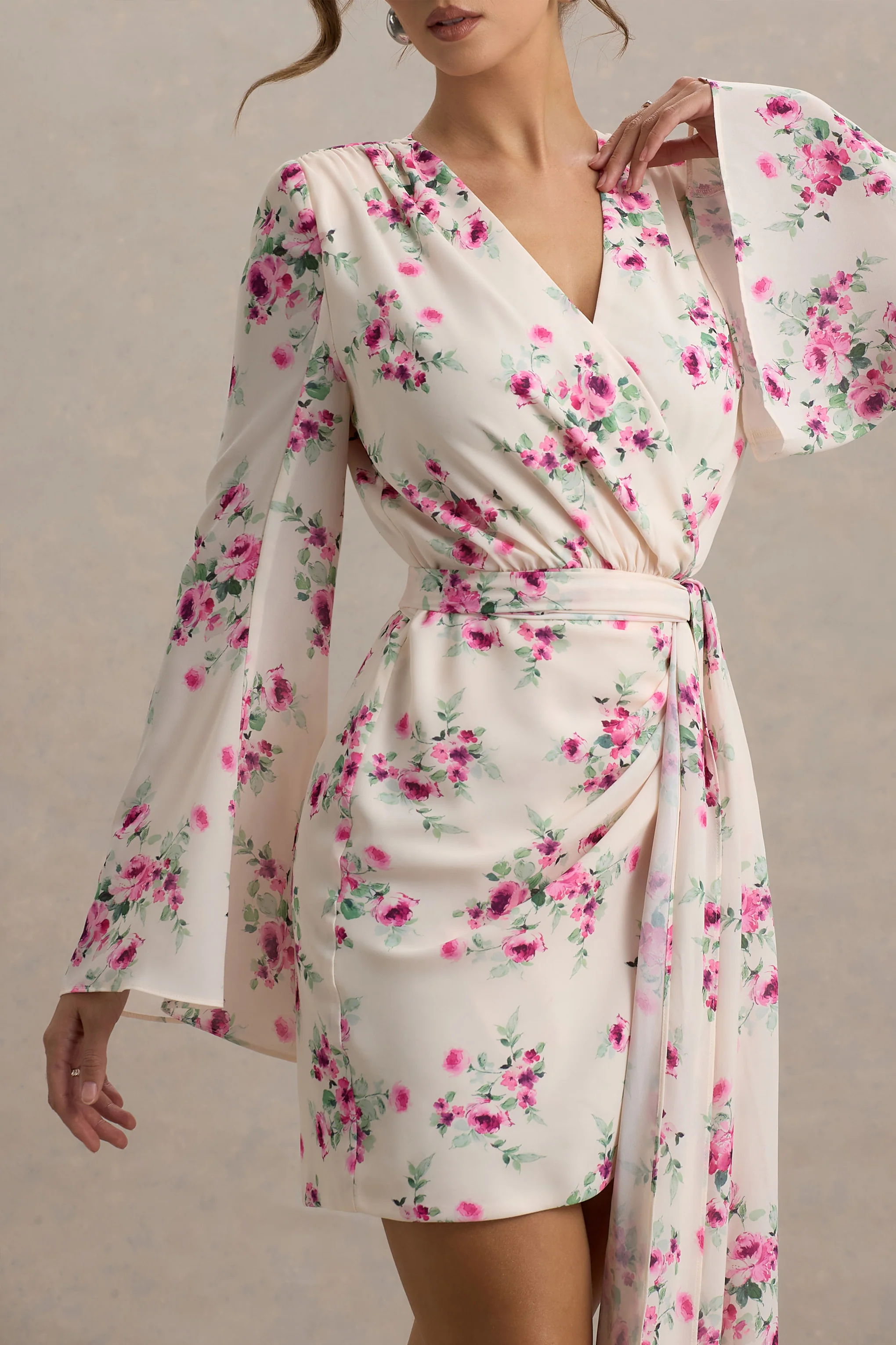 Goldie | Cream Floral Print Chiffon Long-Sleeve Wrap Mini Dress - Image 3