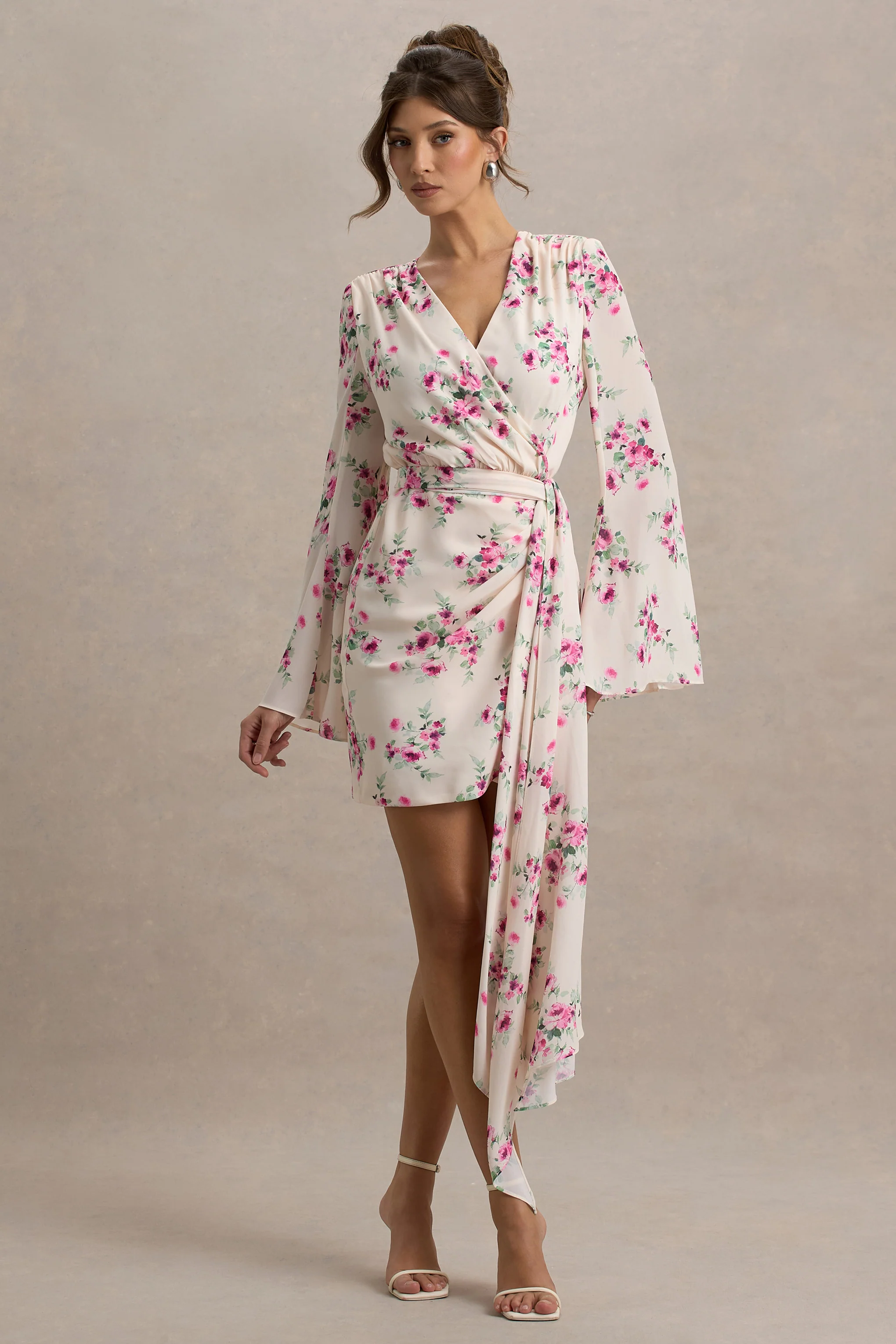 Goldie | Cream Floral Print Chiffon Long-Sleeve Wrap Mini Dress - Image 5