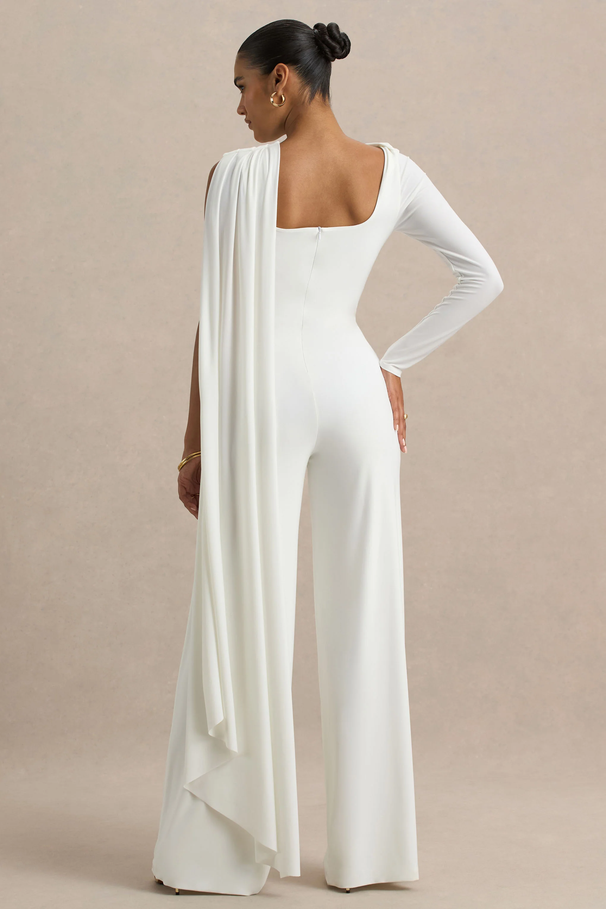 Graces | White High-Neck Jumpsuit With Cape Sleeve - Image 2