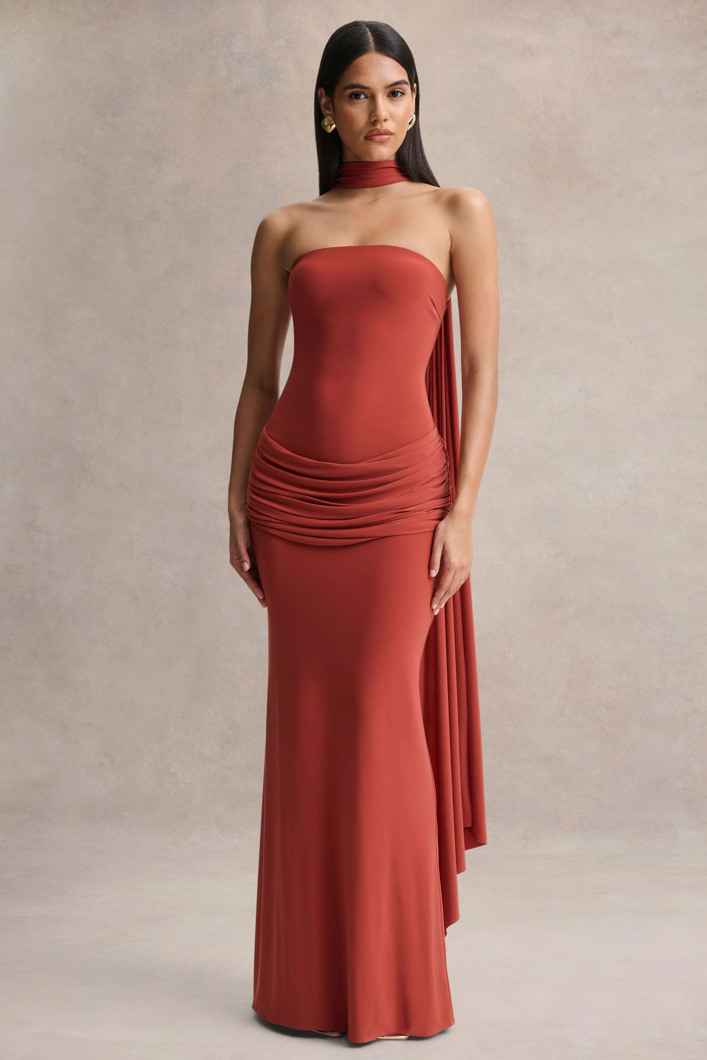 Graciella | Rust Bandeau Maxi Dress With Draped Detailing And Scarf - Image 6