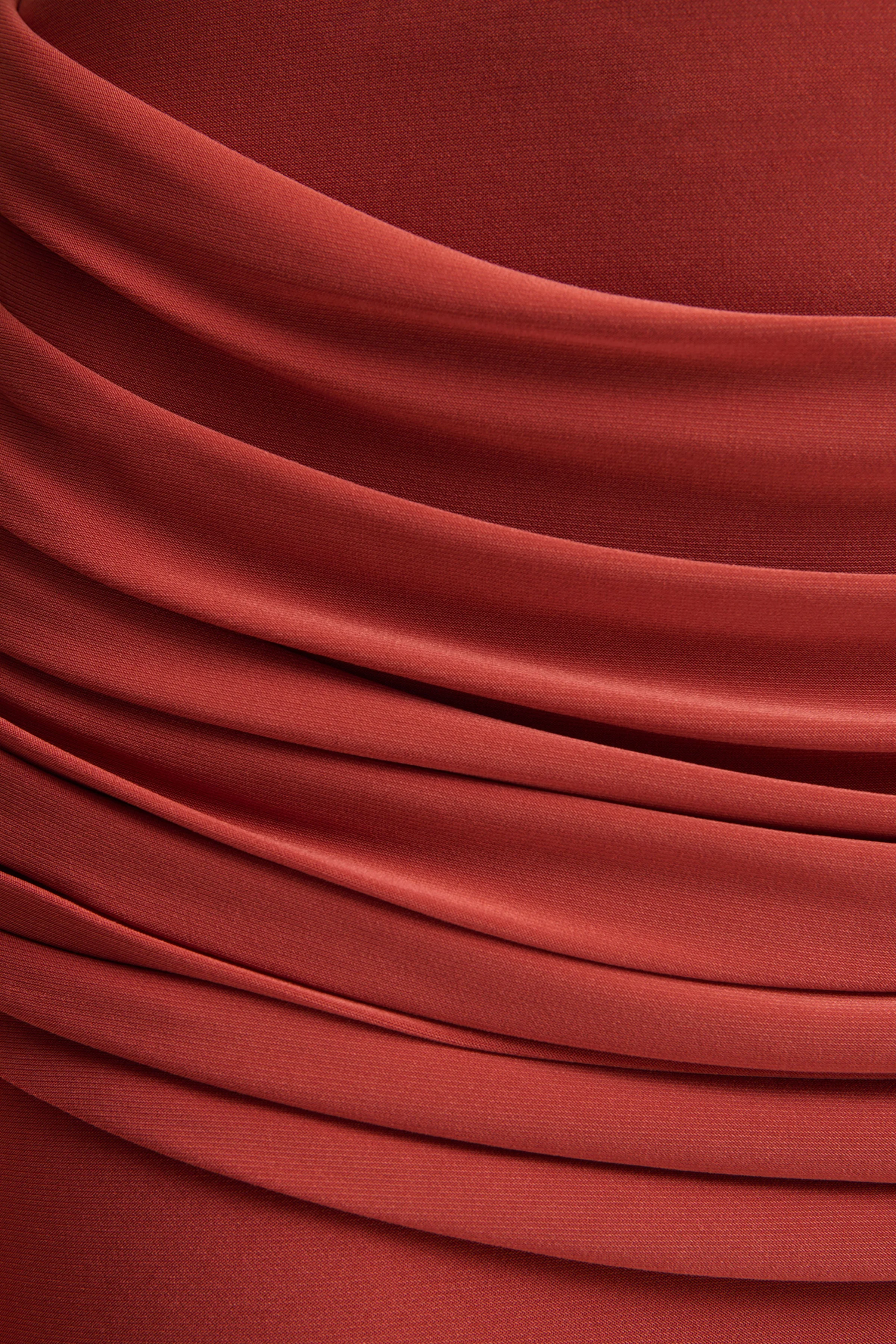 Graciella | Rust Bandeau Maxi Dress With Draped Detailing And Scarf - Image 7