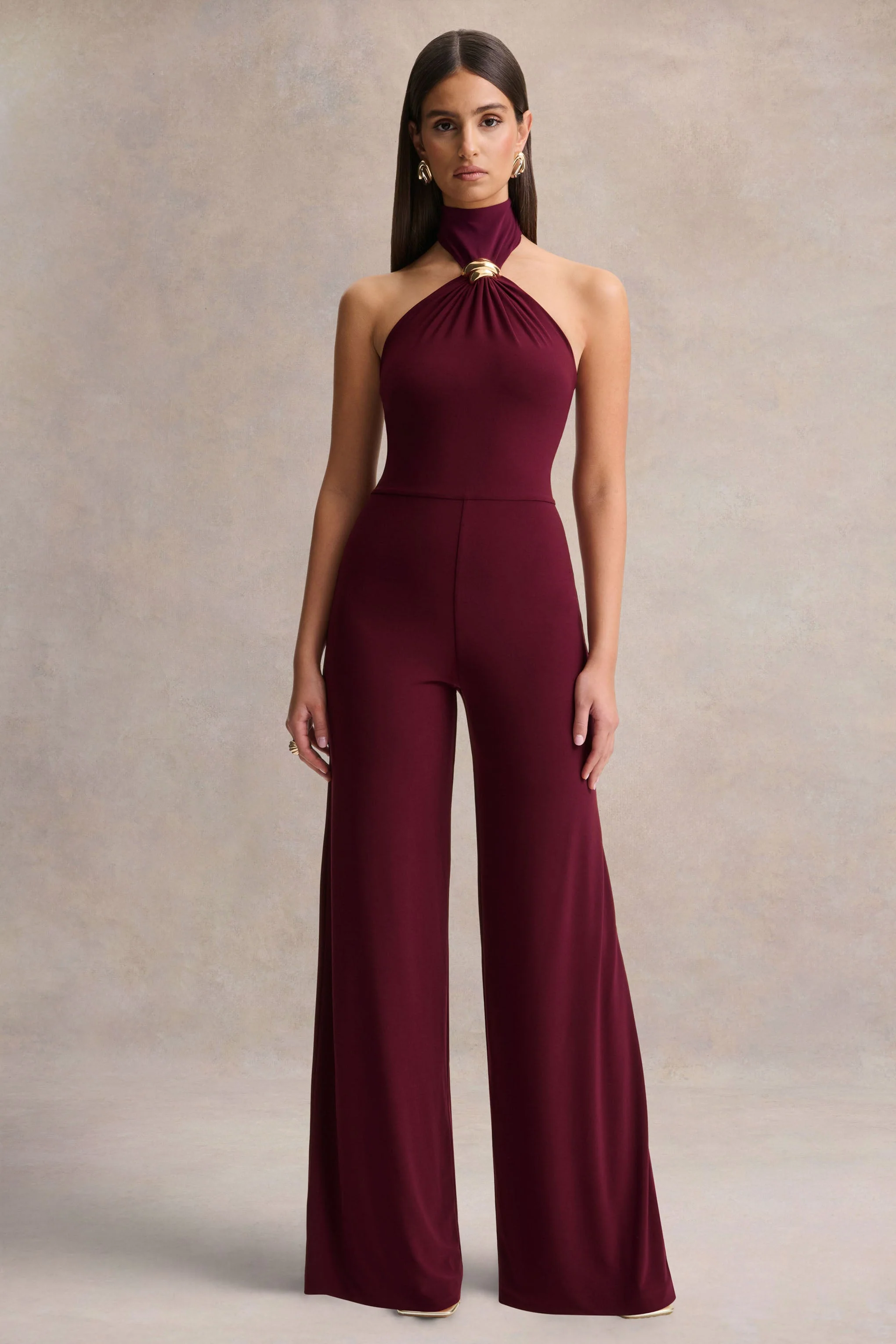 Gwen | Burgundy High-Neck Jumpsuit With Gold-Detail - Image 2