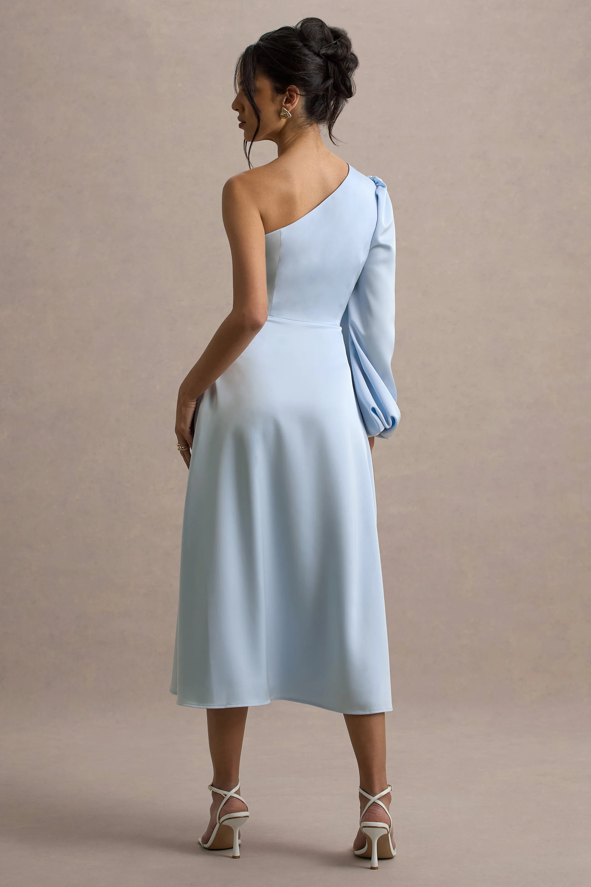 Haila | Powder Blue Satin One-Shoulder Midi Dress - Image 2