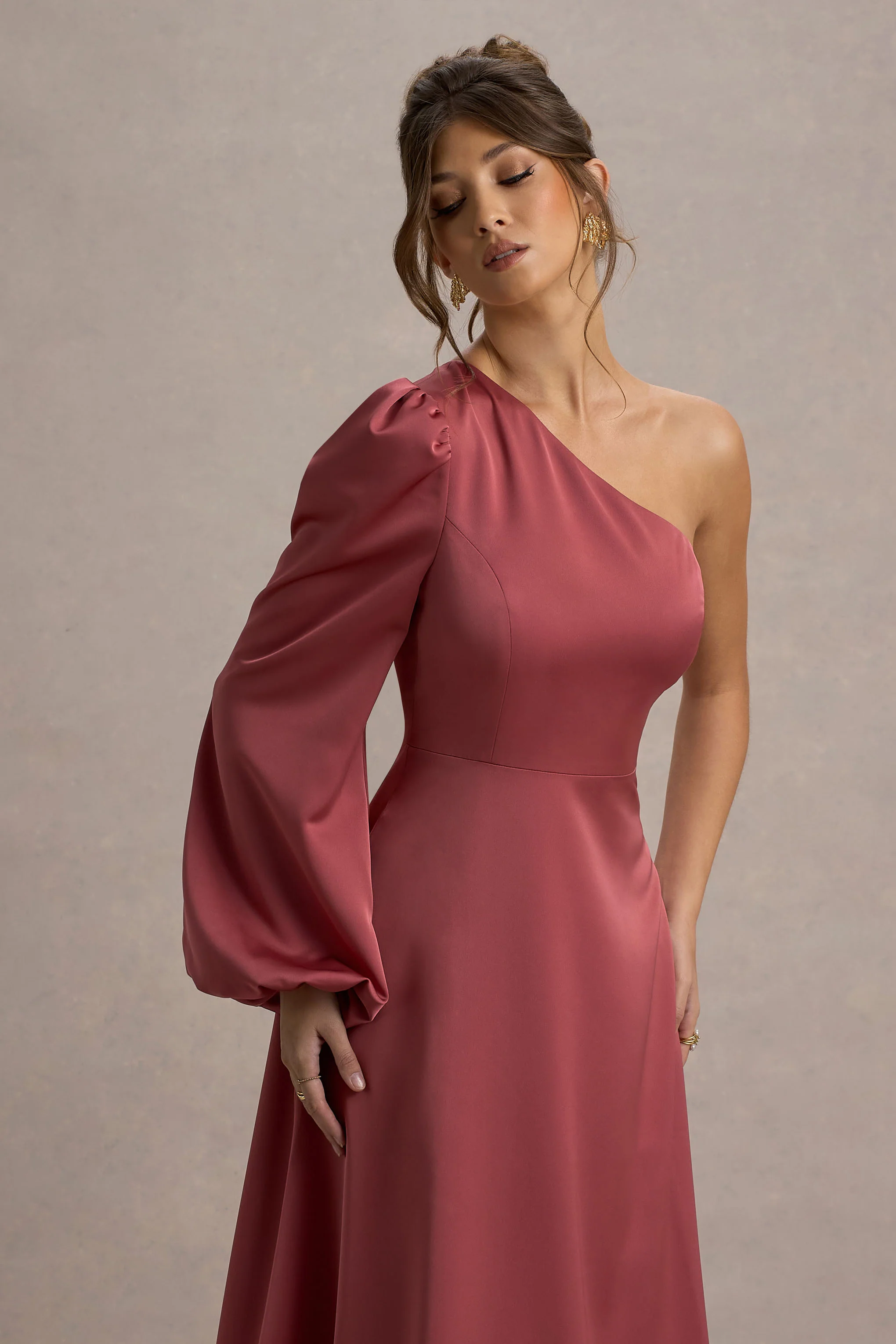 Haila | Rose Pink Satin One-Shoulder Midi Dress - Image 3