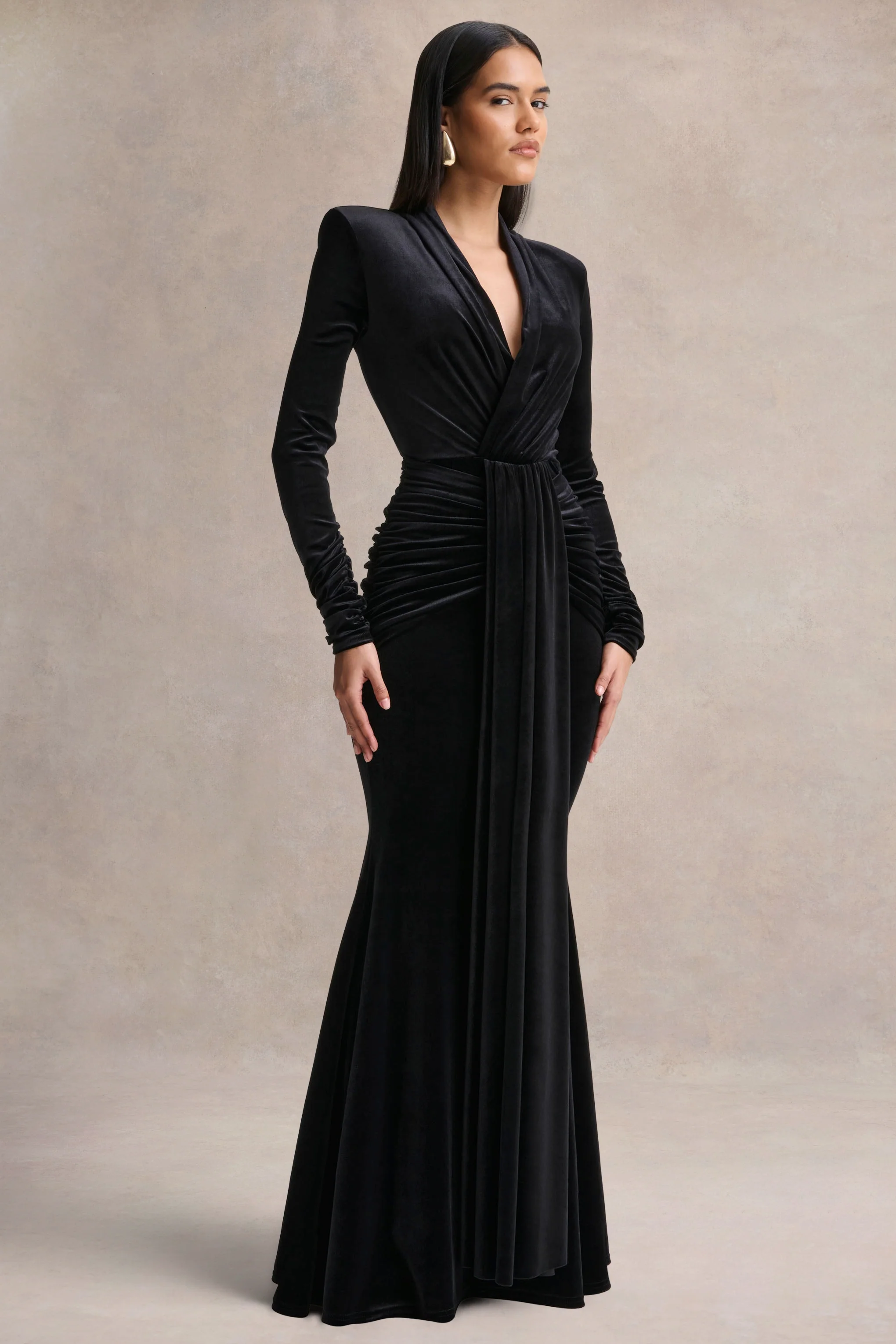 Halima | Black Velvet Plunge-Neck Maxi Dress With Gathered Detailing - Image 5