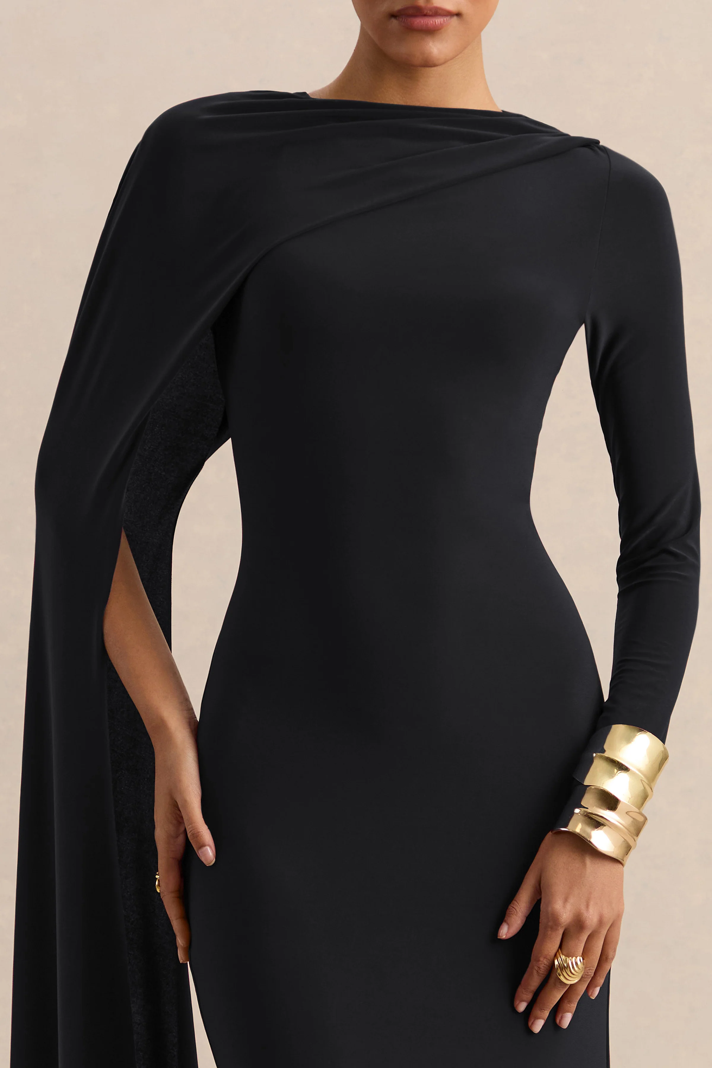 Halina | Black High-Neck Maxi Dress With Cape-Sleeve - Image 2